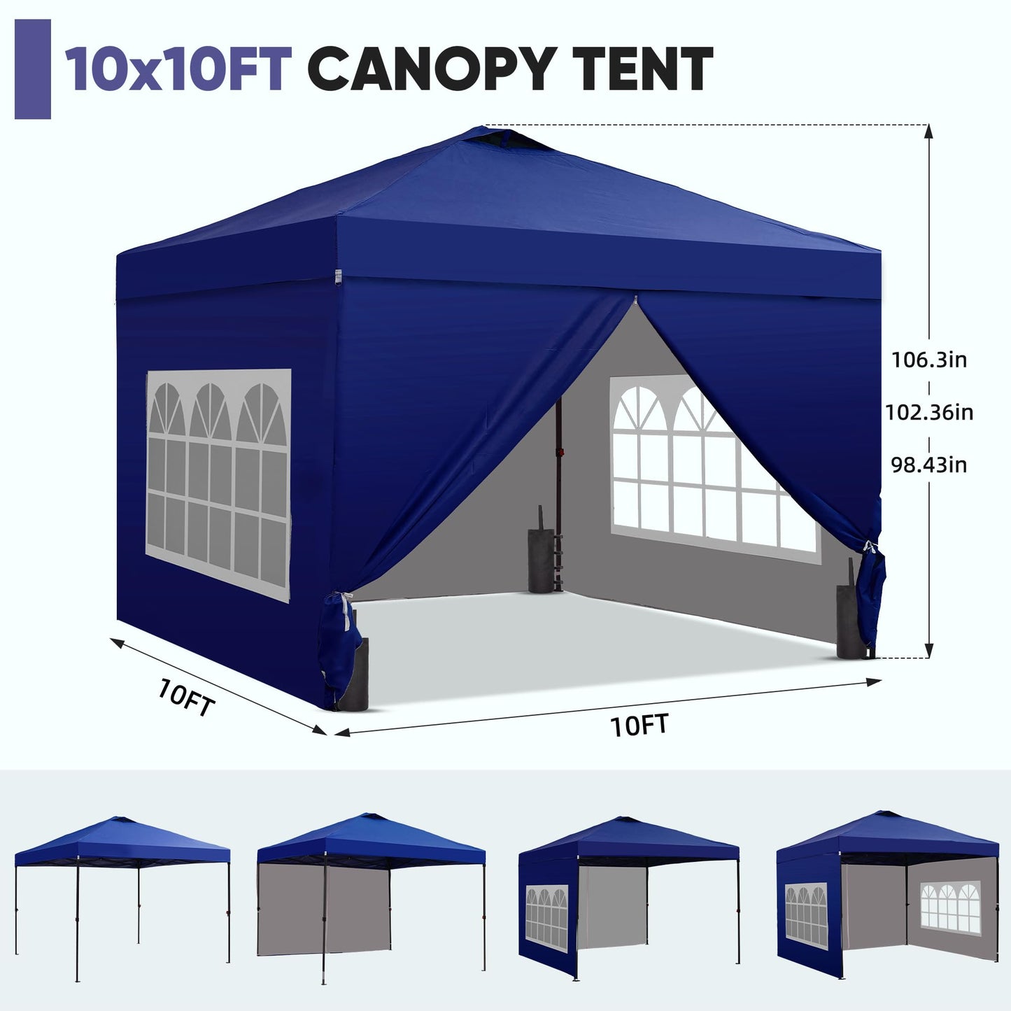 GDY 10x10 Pop Up Canopy Tent with 4 Sidewalls, Easy Set up with One Push Lift Outdoor Silver Coated Beach Gazebos, Carpas with 4 Sandbags, for Events, Parties,Camping, Navy Blue.