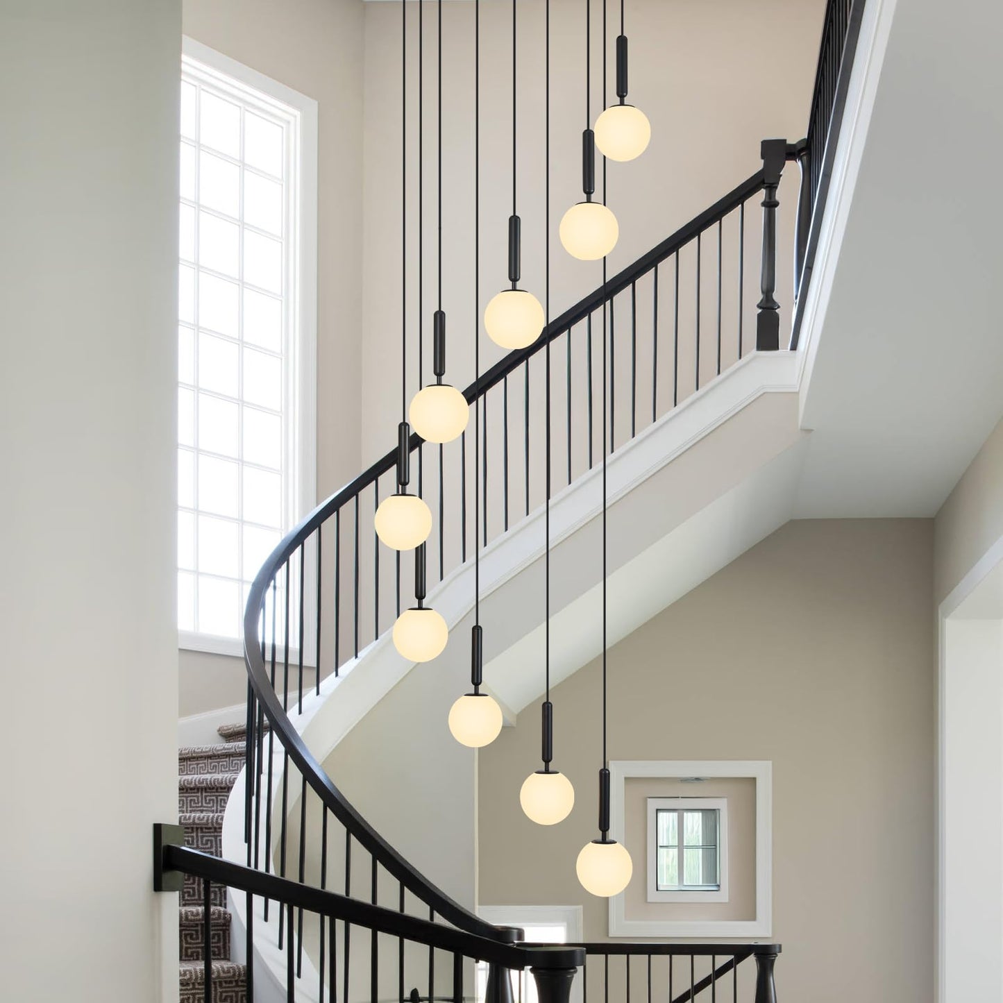 FDPBY 9-Lights Black Chandelier with Milk White Glass Mid Century Modern Globe Pendant Light for Foyer Living Room Entryway Hallway