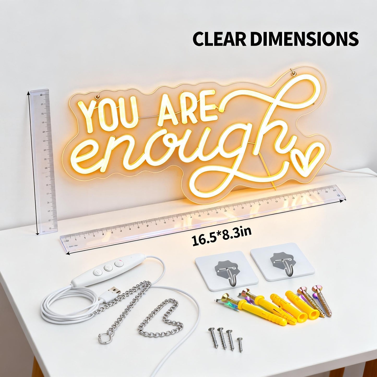 You Are Enough Neon Sign, Self Love Neon Light with Floral Decor, Motivational Wall Art for Bedroom, Therapy Office Decor, Mental Health Awareness Gift, USB Dimmable (16.5"x8.3")