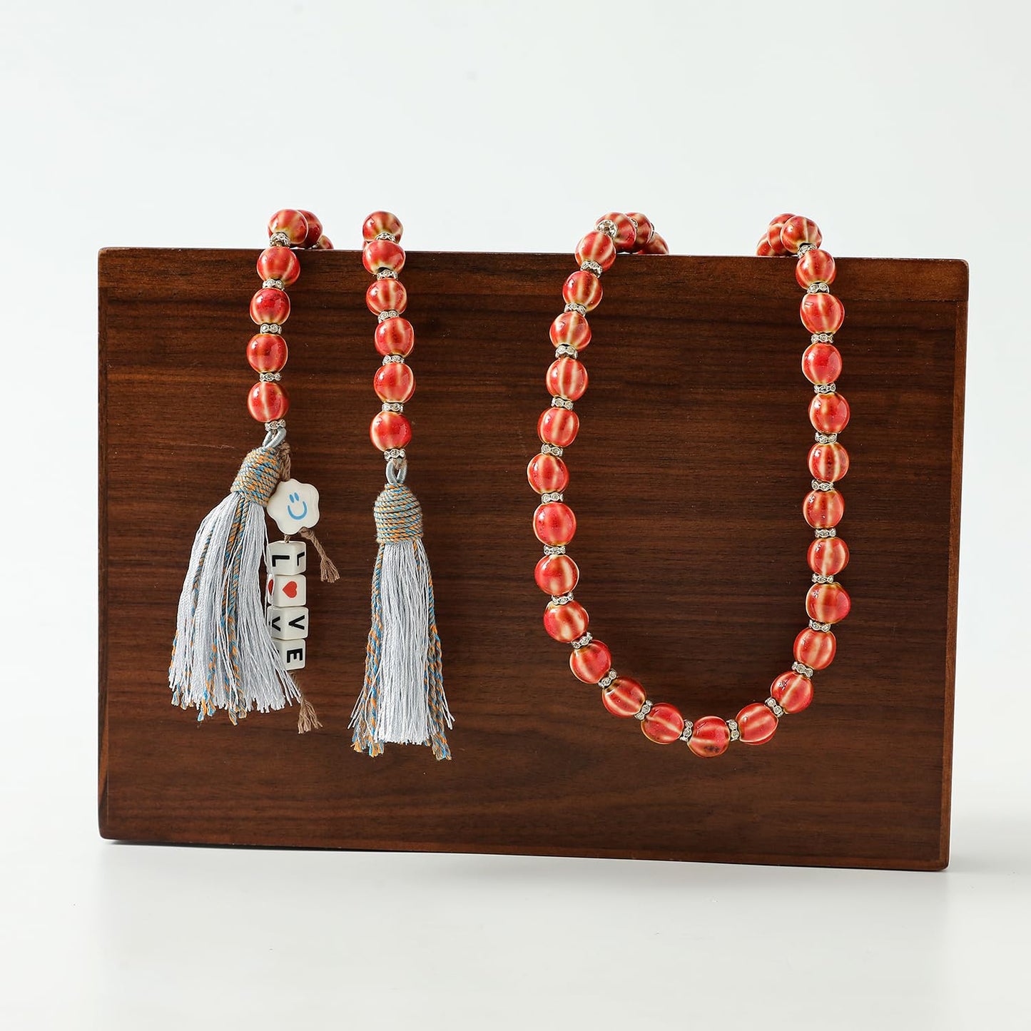 Handmade Bead Garland with Tassels - Farmhouse Rustic Prayer Bead String Wall Hanging Accent for Home Festival Decor.