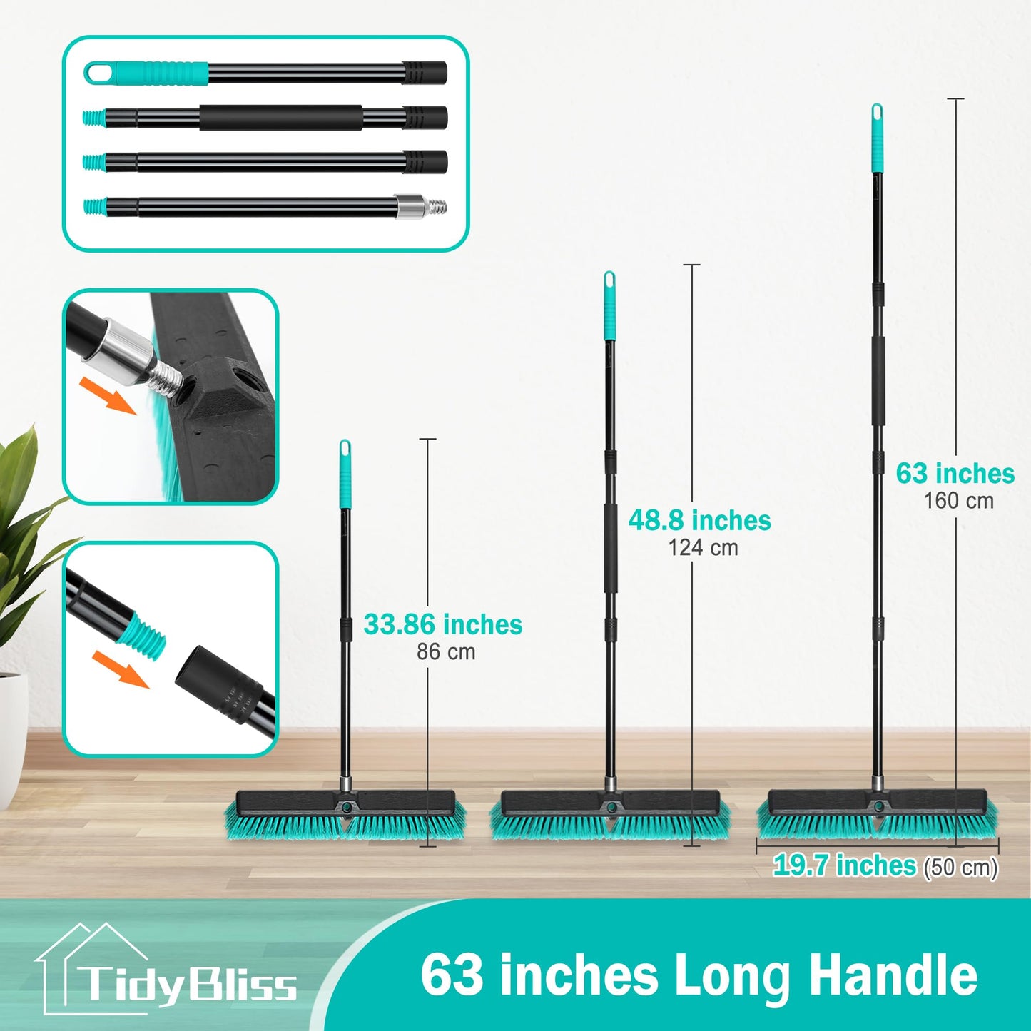 TidyBliss 18” Push Broom Outdoor Heavy Duty, Large Commercial Stiff Bristle Brush with 63 inches Long Handle for Garage Shop Garden Yard Patio Deck Street Warehouse Lawn Driveway (Green)