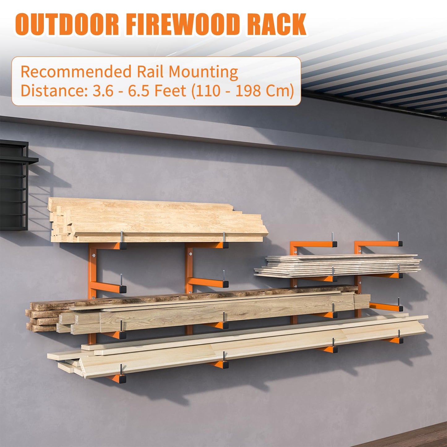 2-Pack Lumber Storage Rack, Wood Storage Racks Wall Mount, Heavy Duty Garage Wood Organizer With 4-Level System, Orange Utility Rack Organization Up 800 Lbs, Metal Lumber Shelf for Indoor and Outdoor