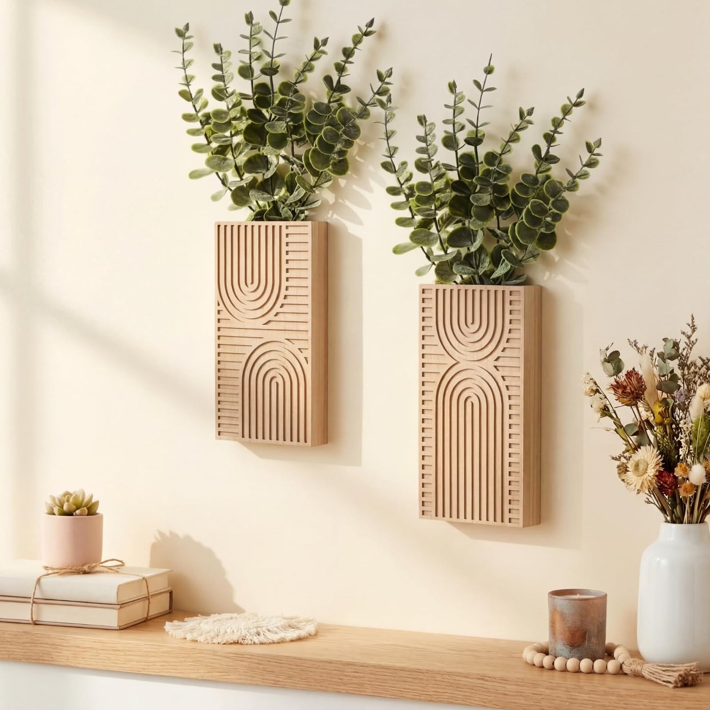 Ninehaoou 2 Pack Modern Farmhouse Wall Decor Wood Planter Vase with Artificial Eucalyptus Farmhouse Bohemian Hanging Wall Decor for Bathroom Dinning Room Living Room Hallway Bedroom(Brown)