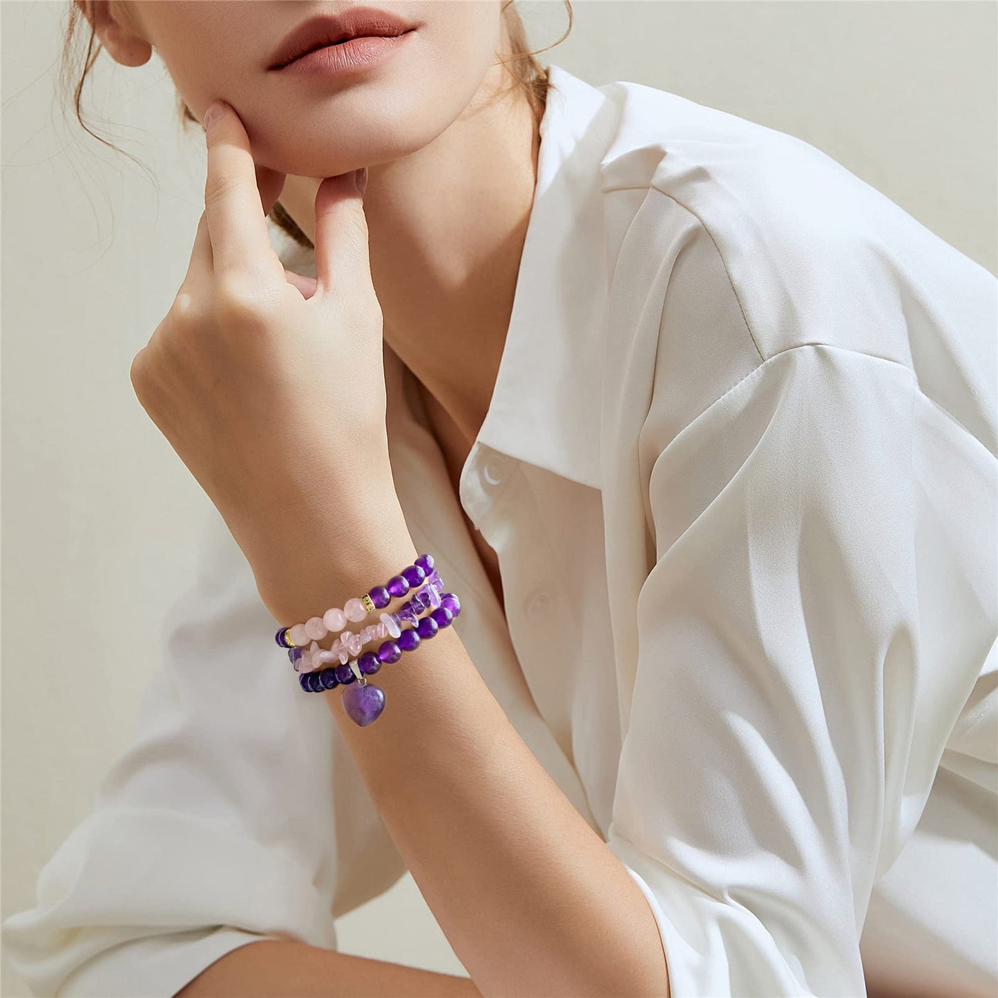 Vinswet Healing Crystal Beaded Bracelets for Women,Natural Amethyst Rose Quartz Gemstones Bracelet,Anxiety Stress Relief Heart Charm Bracelet Handmade purple Jewelry Gifts for Women (3pcs)