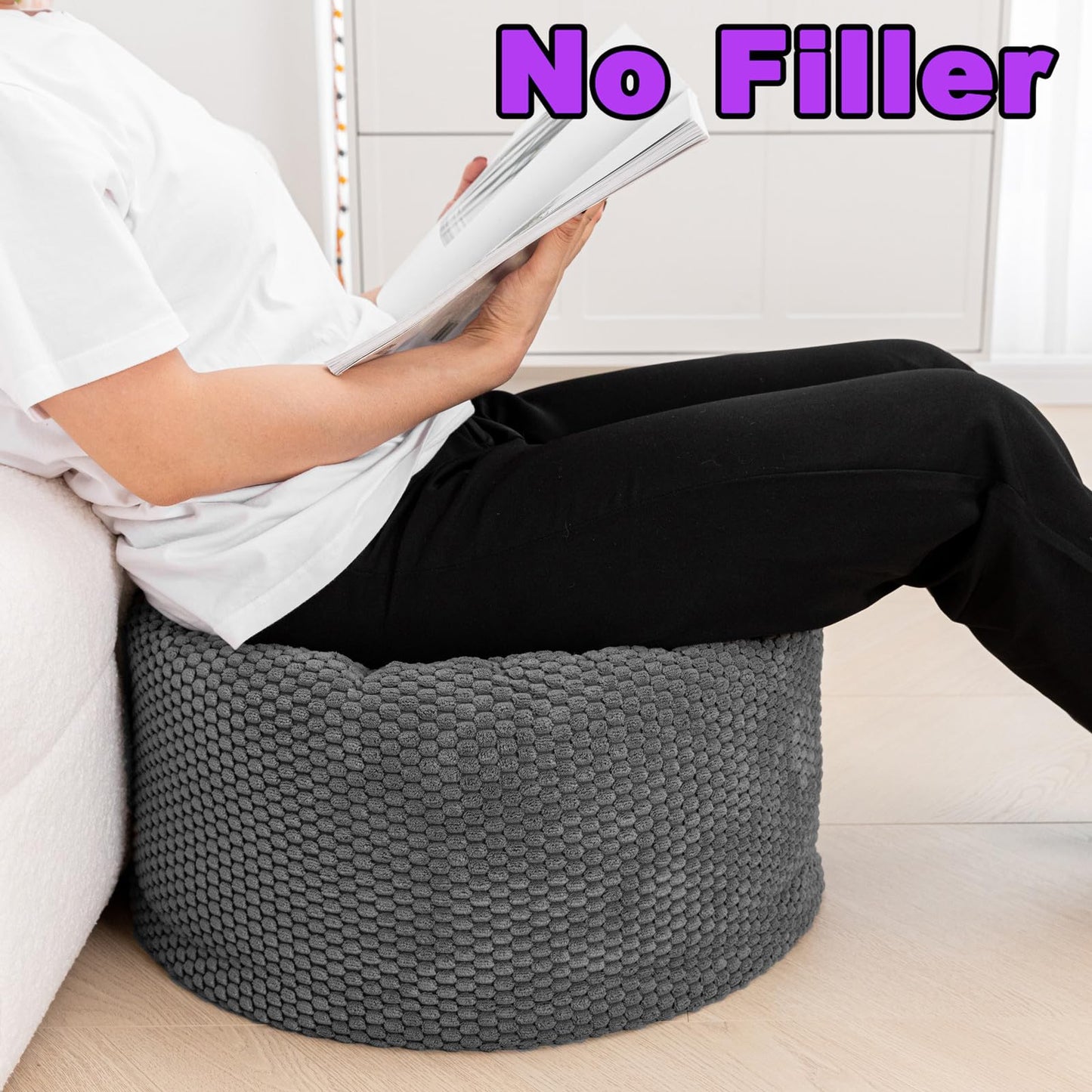 Poofieotto Unstuffed Pouf Ottoman Cover Handmade Footstool Ottoman Storage Solution Floor Pouf Footrest Cushion 20Diameterx12Height Inches for Living Room Wedding Dark Gray