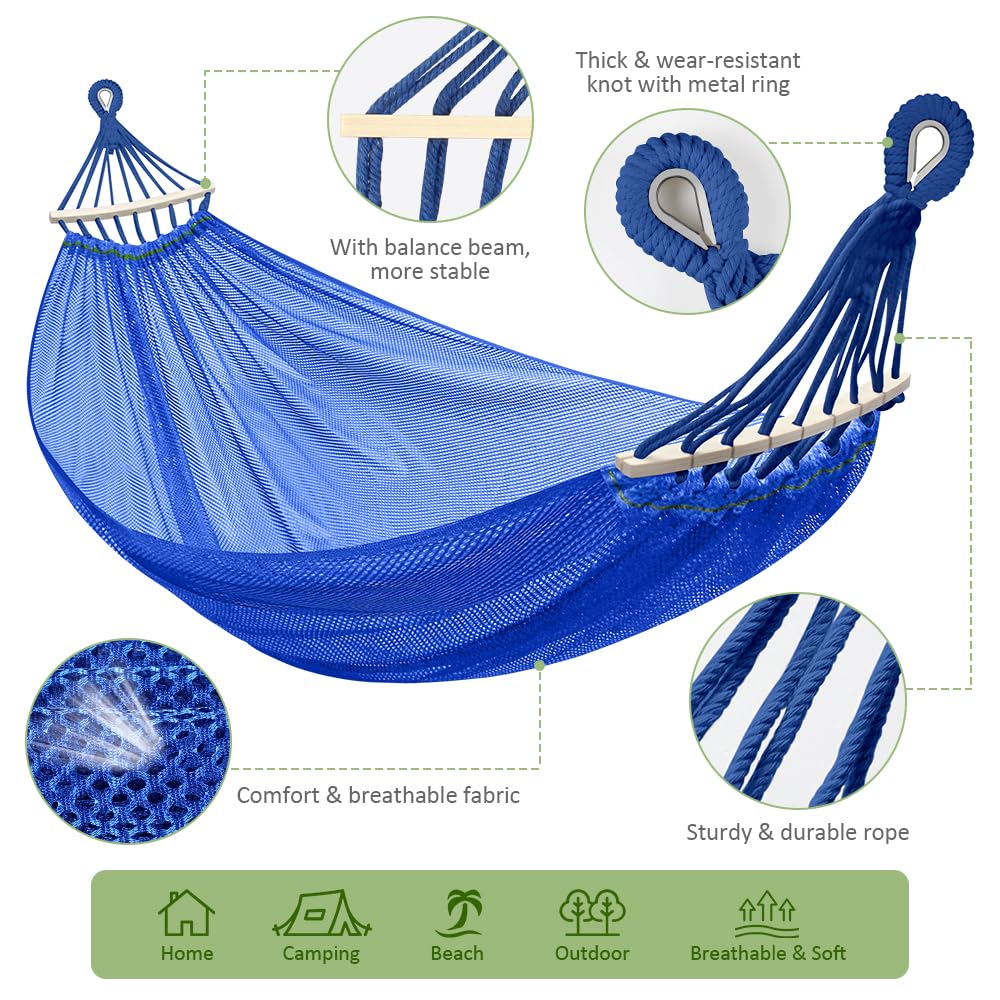 Outdoor Hammock, Super Soft and Breathable Mesh Hammock Made of Cool Nylon with Wooden Bars for Indoor, Balcony, Terrace, Garden, Camping, Backpacking