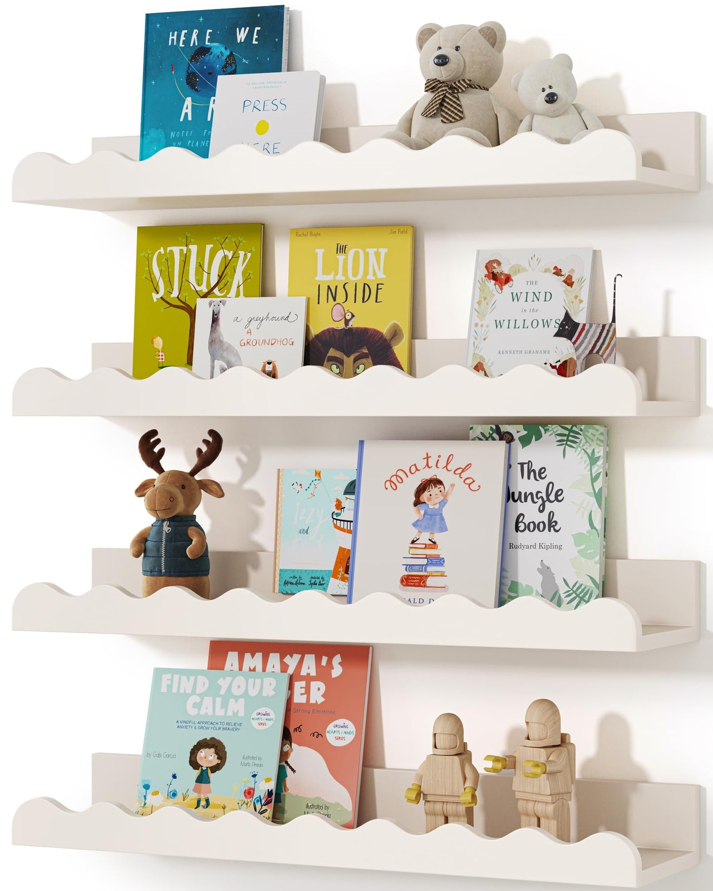 Seocry Kids' Bookshelf Set of 4 - White Floating Nursery Book Shelves, Picture Ledge Shelf for Wall Decor and Storage - Perfect for Books, Toys, Photo Frames, and Nursery Décor
