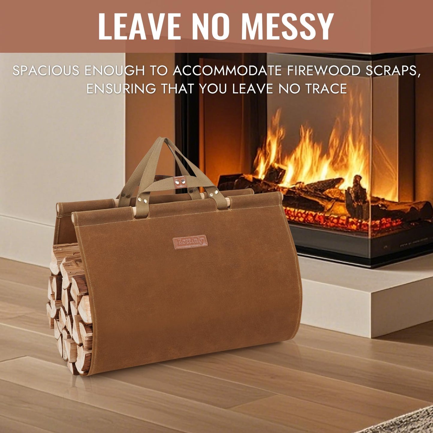 Zettfuly Firewood Carrier with Handles - Waxed Canvas Log Carrier for Firewood, Woods Carrier for Firewood Tote Bag 38x19in, Water Resistant Log Tote Wood Carrying Bag, Wood Stove Accessories, Rust