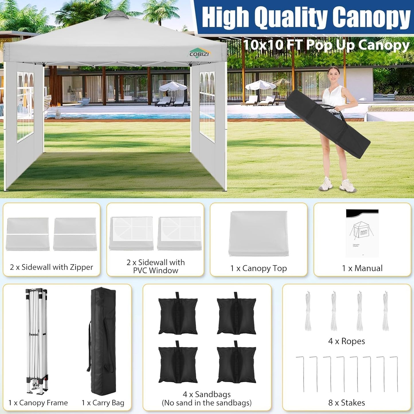 COBIZI 10x10 Pop Up Canopy Tent, One Push Outdoor Gazebo with 4 Removable Sidewalls & Air Vent, Waterproof Commercial Easy Up Adjustable Canopy with 4 Sandbags, 4 Stakes & 8 Ropes for Party, White