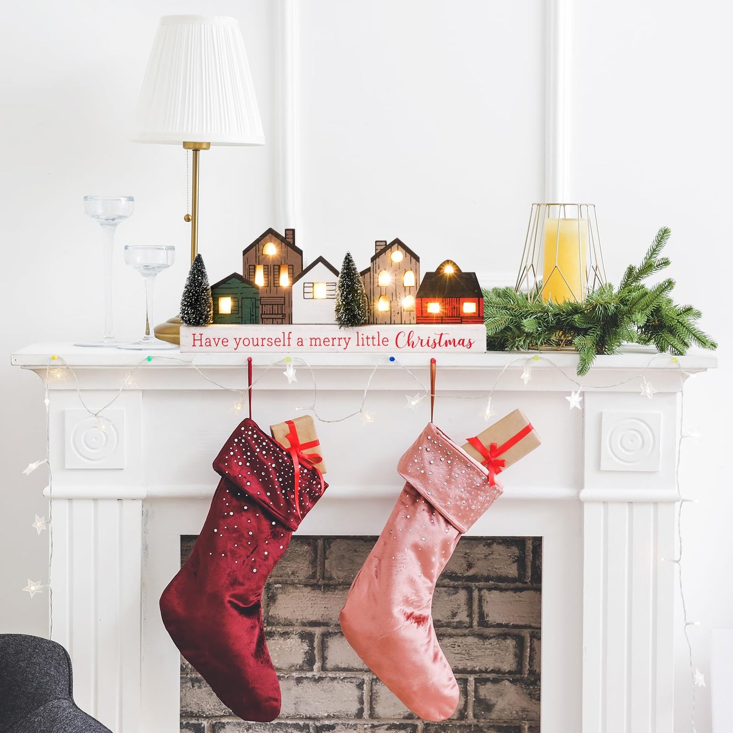 Christmas Decorations for Home Led Lighted Merry Christmas Tree Decor with Timer Wooden Rustic Farmhouse Tabletop Block Xmas Party Holiday Signs