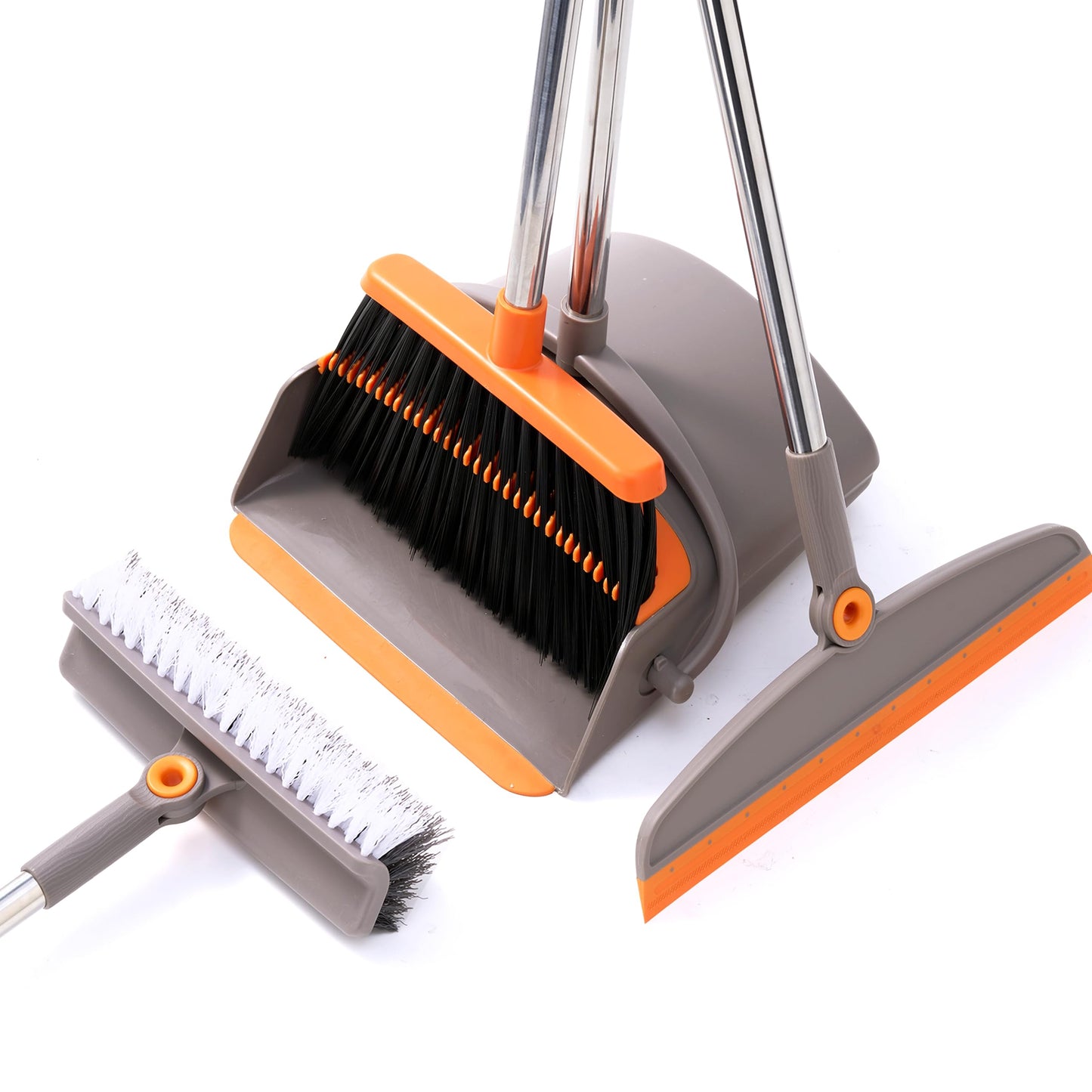 Multifunction 3-in-1 Broom and Dustpan, Silicone broom Squeegee and Scrub Brush Set with Long Adjustable Handle for Indoor & Outdoor Sweeping and Scrubbing, Ideal for Pet Hair, Liquids Spills and Dirt