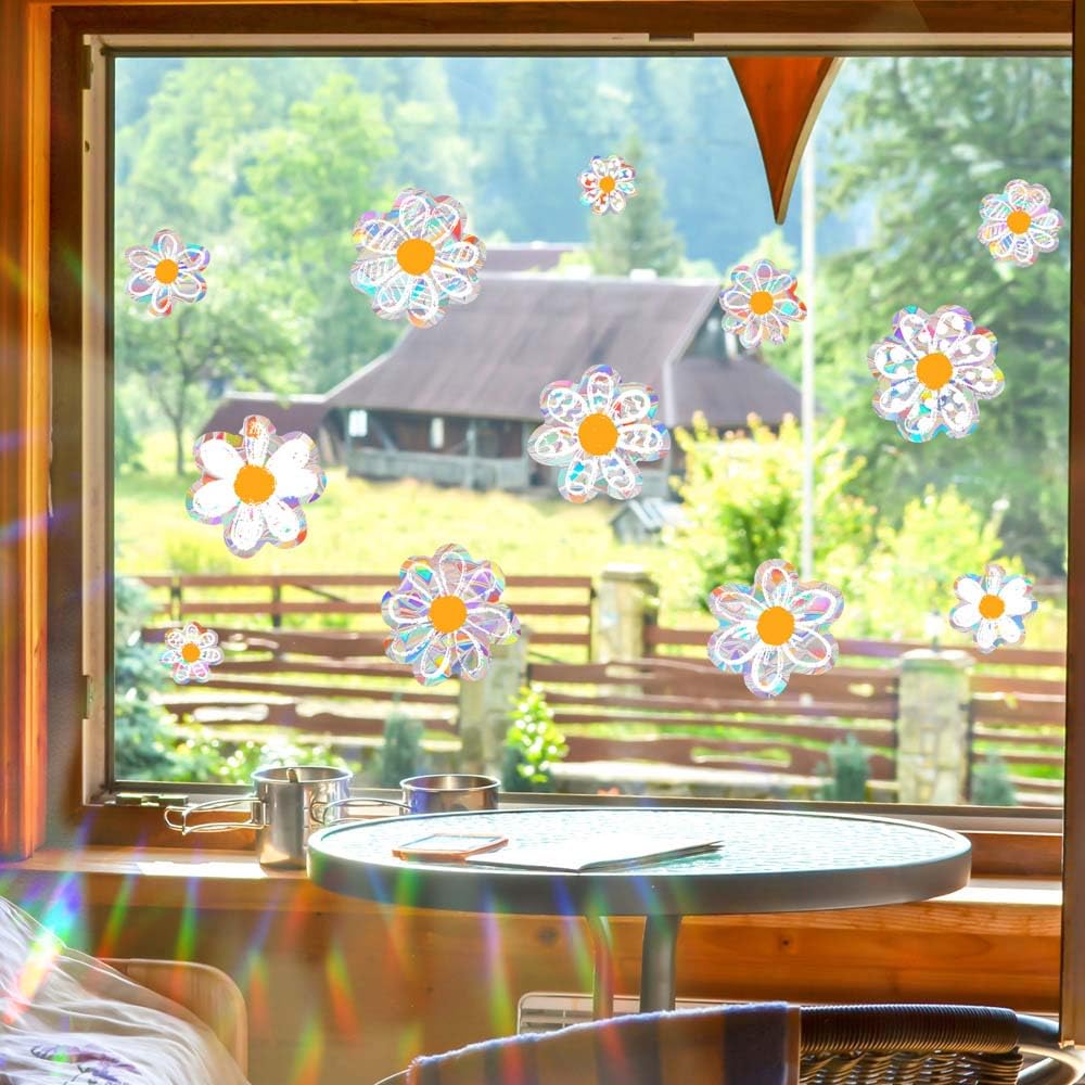 12pcs Spring Summer Daisy Window Stickers, Double-Side Glass Decals Shiny Rainbow Prism Anti Collision Window Clings for Mirror Glass Display Shop Office School Supplies Reusable
