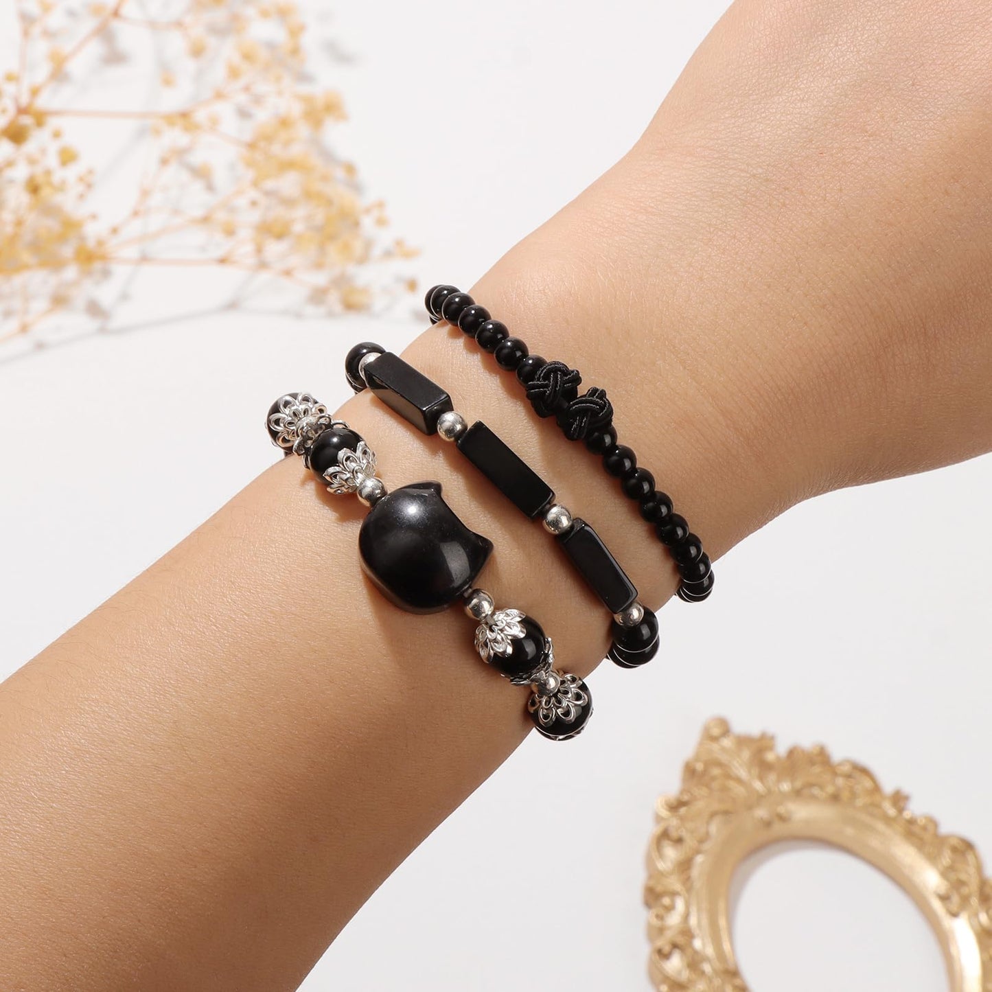 Pendlixy 3Pcs Money Attraction Cat Bracelet - Black Obsidian Women Bracelets -Wealth Prosperity Abundance Stone Bead Bracelet,Crystal Spiritual Cute Protection Stretch Bracelet,Good Luck Feng Shui Bracelets For Women Gifts