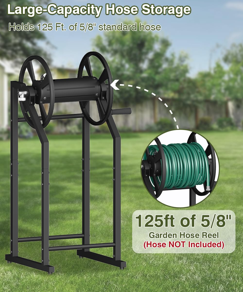Mokeyder 4-Spike Garden Hose Reel with 3.9ft Leader Hose & Stainless Fitting, Outdoor Hose Holder holds 125ft Hose of 5/8", Freestanding Metal Hose Stand for Outside Yard Lawn, Black