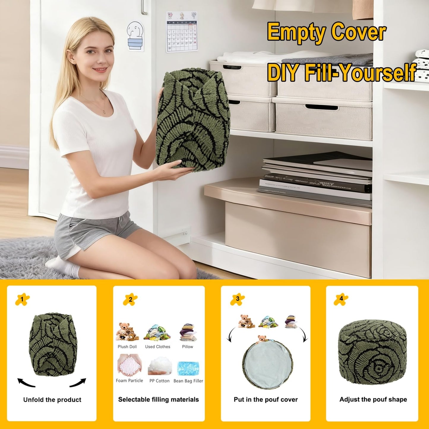 Asuprui Fluffy Flower Pouf Ottoman Cover Only – 20"x14" Round Plush Fuzzy Pouf Shell for Footrest, Stool or Floor Seat, Soft Removable Home Decor (No Insert Included) (Green)