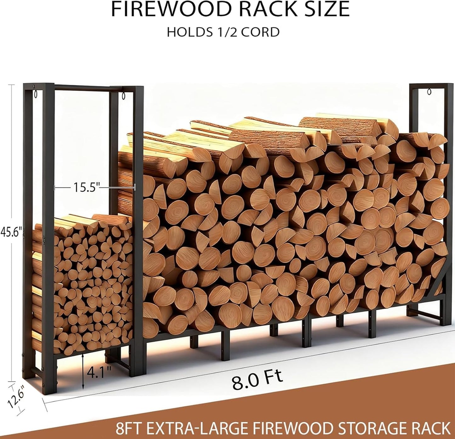 Shomextol 8ft Large Firewood Rack Outdoor, Heavy Duty Metal Wood Rack with Kindling Storage - For Indoor & Outdoor Fireplace, Wood Pile Organizer,Black