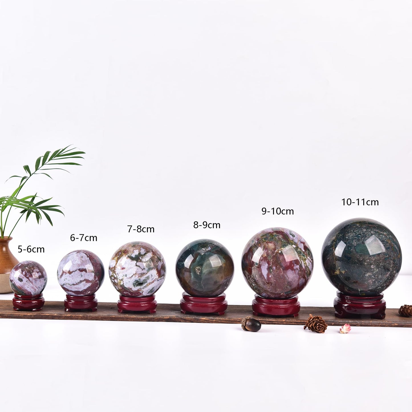 JIC Gem Natural Ocean Jasper Crystal Sphere Decorative Ball with Wooden Stand Meditation Balls for Witchcraft Reiki Healing Gift 50-60mm