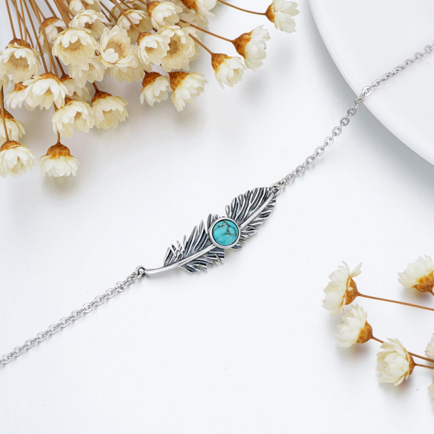 BETHZA Feather Turquoise Bracelet for Women Sterling Silver Genuine Turquoise Gemstone Link Adjustable Bracelet Navajo Jewelry Gift for Birthday Mothers Day (7+2")