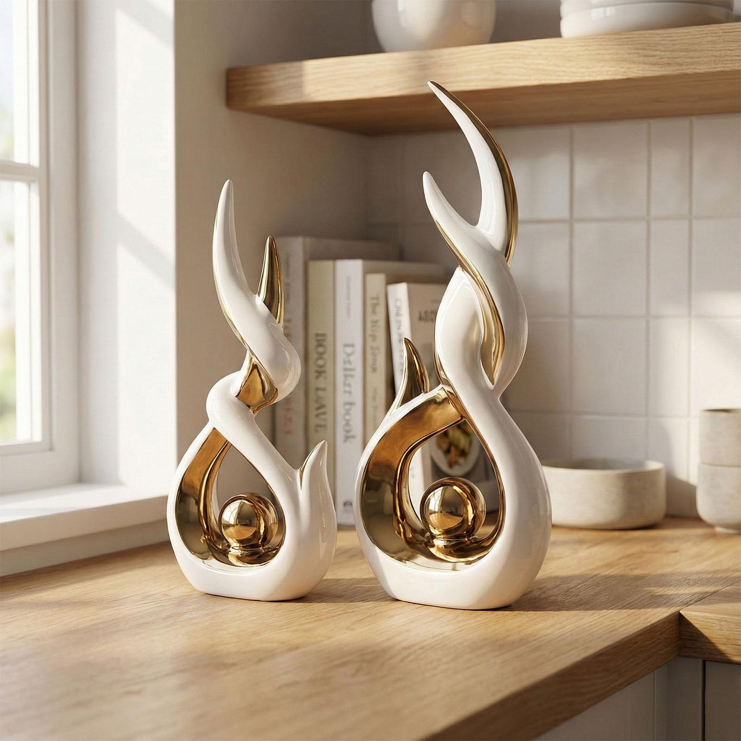 LCCCK White and Gold Abstract Ceramic Sculpture Set of 2 Modern Electroplated Figurines Decorative Statues for Living Room Shelf Mantel Tabletop Home Decor Housewarming Gift