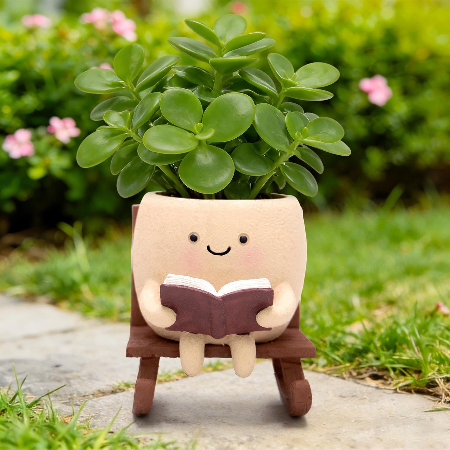 YOUOIVIA Rocking Chair Book Planter, Cute Smiley Face Succulent Plant Pots for Indoor Outdoor Plants, Unique Funny Flower Pots with Drainage Hole, Plant Gifts for Mother's Day, Birthday, Christmas