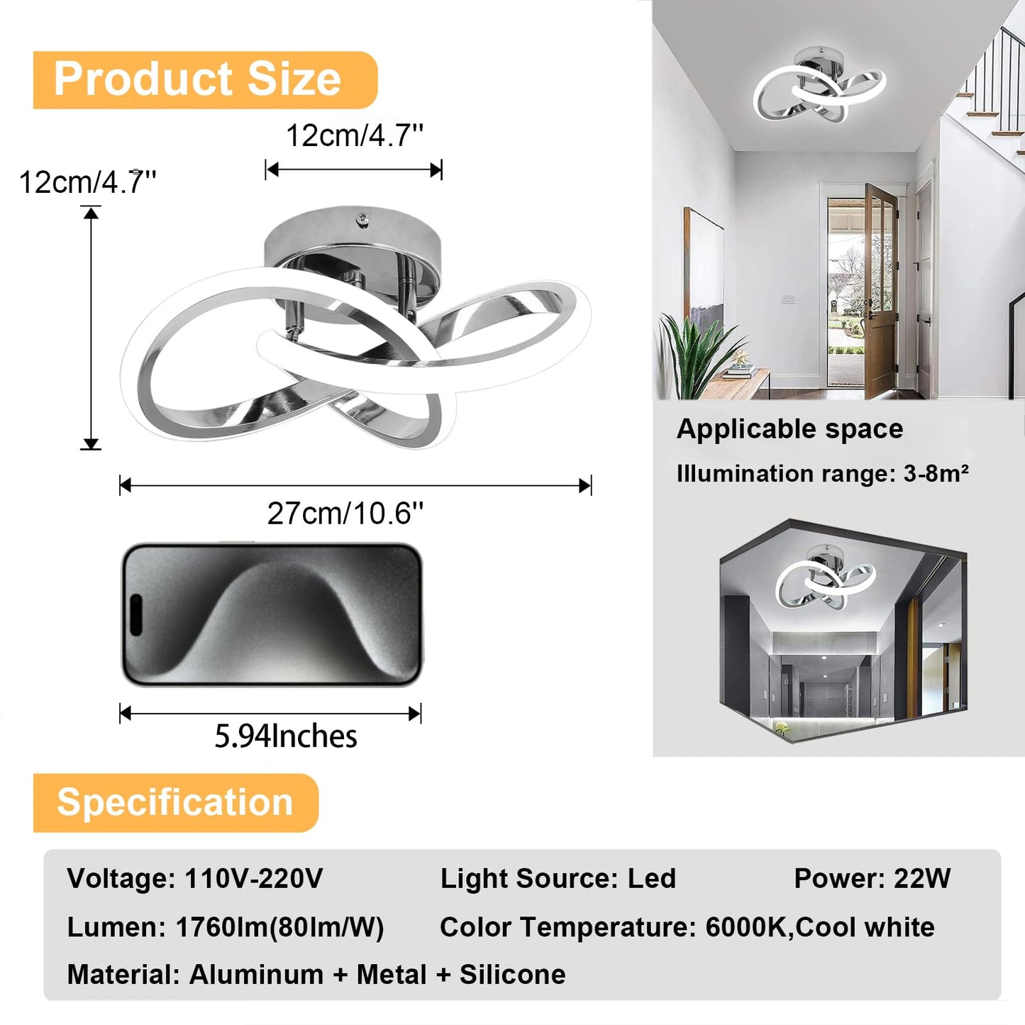 CANEOE Hallway Light Acrylic Modern LED Ceiling Light Fixtures Cool White 6000K Close to Ceiling Lights for Bedroom Bathroom Kitchen Balcony Corridor Stair Aisle Curved Creative Design Celing lamp
