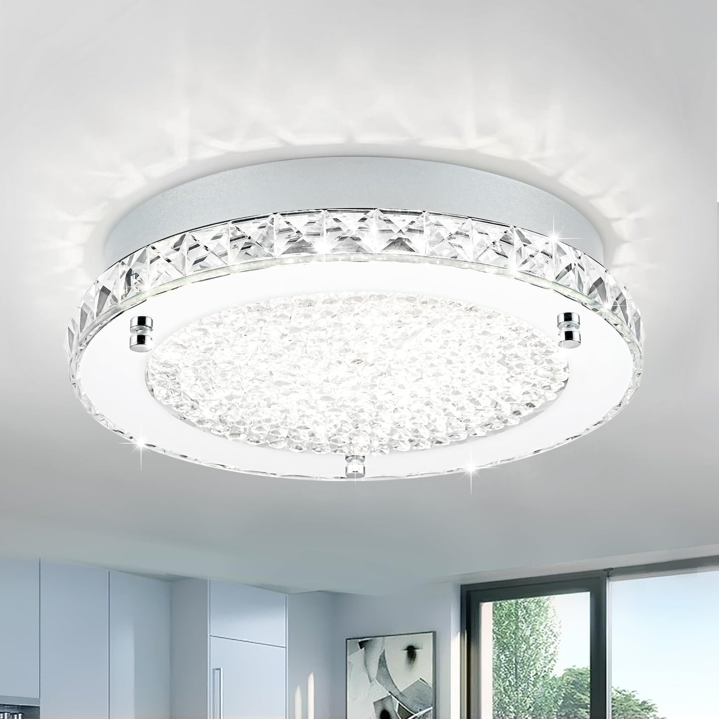 Lzawvm Crystal Flush Mount Ceiling Light 18W LED Dimmable Modern Ceiling Light for Bedroom, Closet, Foyer, Hallway, Dia 11 Inch, 3 Color Change