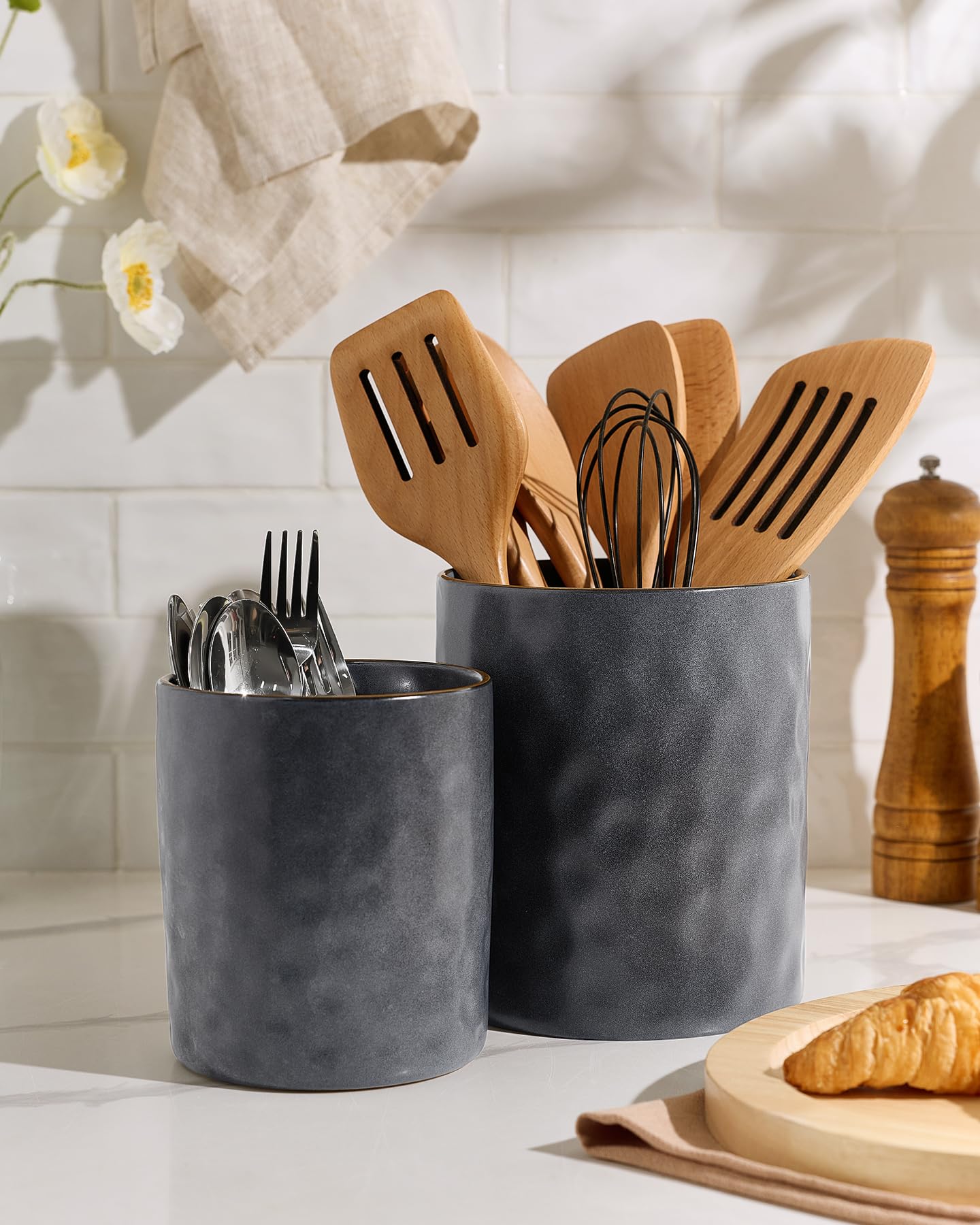 famiware Ocean Utensil Holder, 7.2"+5.8" Ceramic Kitchen Utensil Holder for Countertop, 2 Pieces Cooking Utensil Crocks, Utensil Organizer for Spatula & Spoon, Kitchen, Set of 2, Matte Dark Charcoal