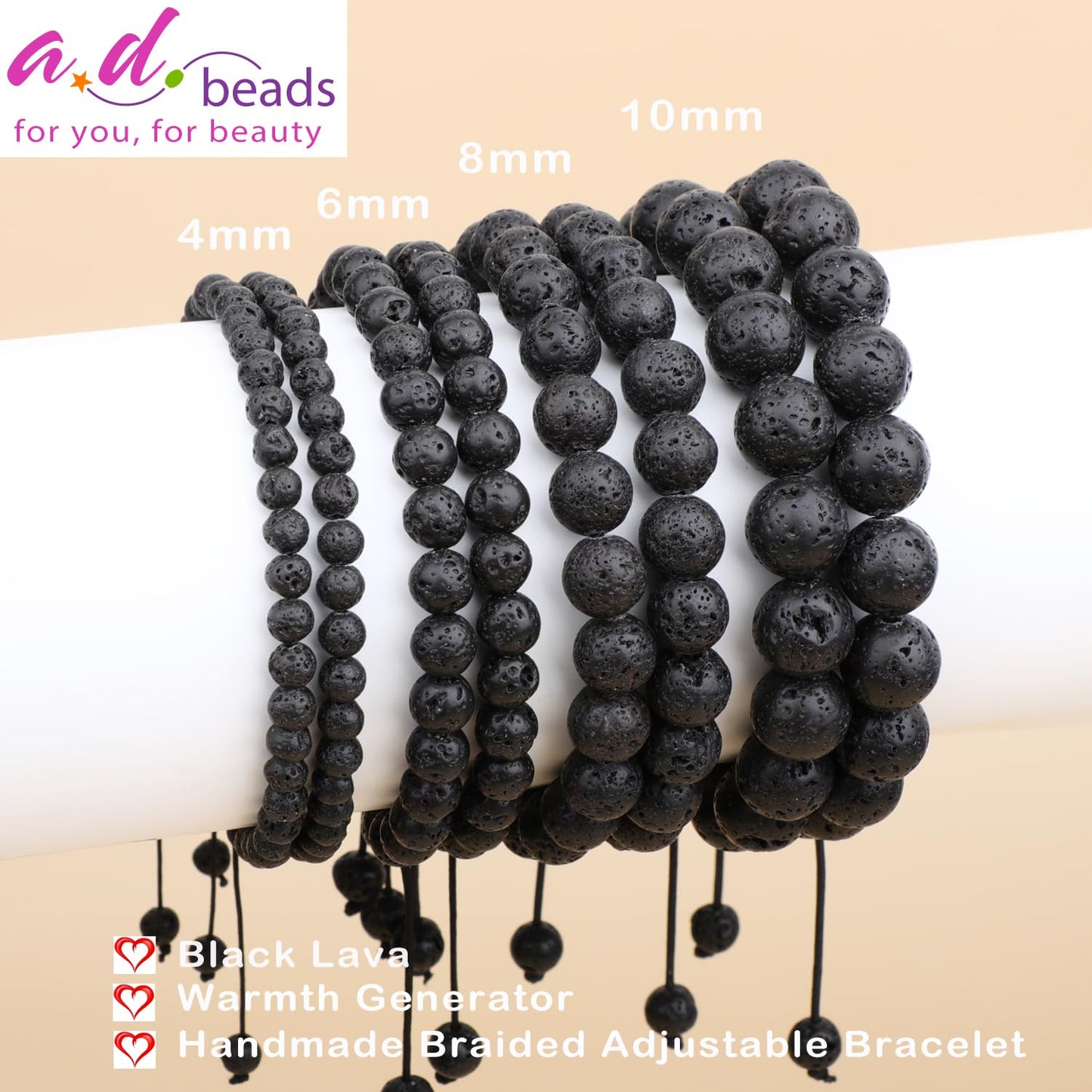 AD Beads 8mm Black Lava - Warmth Generator - Handmade Natural Stone Crystal Bracelet with Adjustable Macrame String - Yoga Healing Power Energy Gifts for Men and Women