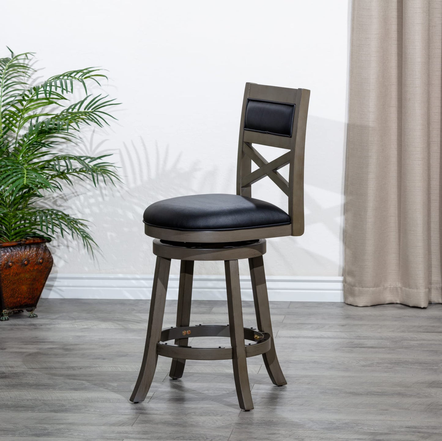 DTY Indoor Living Meeker X Back Fabric Swivel Stool, 30” Bar Height, Weathered Grey Finish, Black Leather Seat