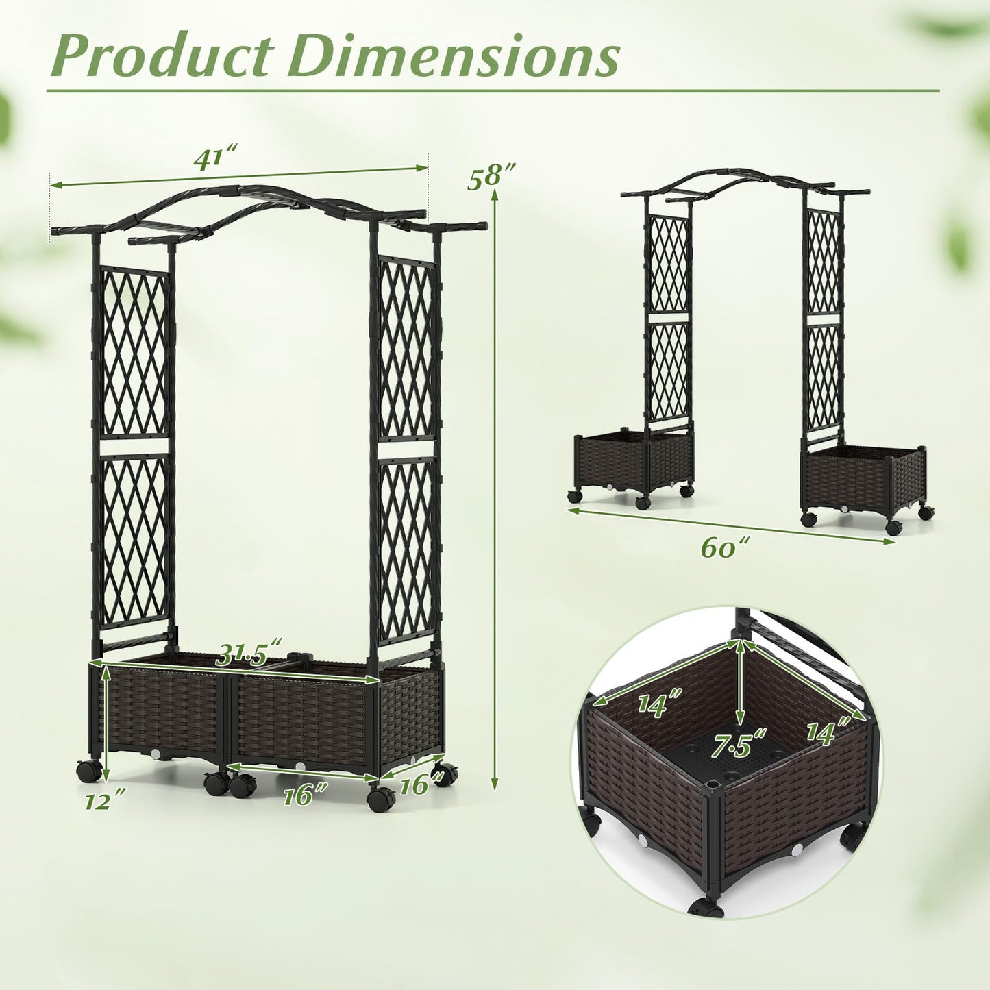 Giantex Planter Boxes with Arch Trellis, 5FT Self-Watering Tall Raised Garden Bed w/Wheels, Hanging Roof & Drainage Holes, Outdoor Indoor Tomato Planter for Climbing Vines Vegetables (60"x16"x58")