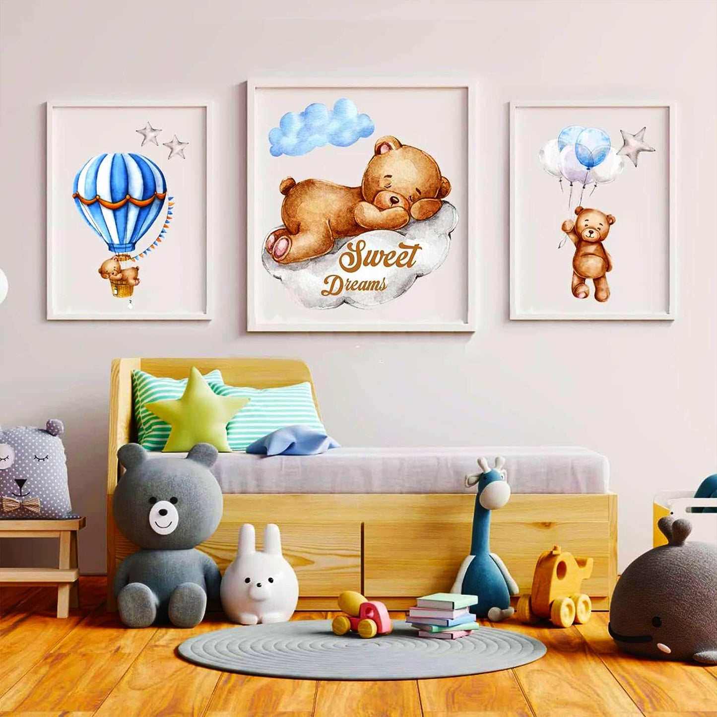 Tedy Bear Moon & Stars Wall Decor - Sleeping Bear Wall Stickers, Baby & Nursery Room Decor