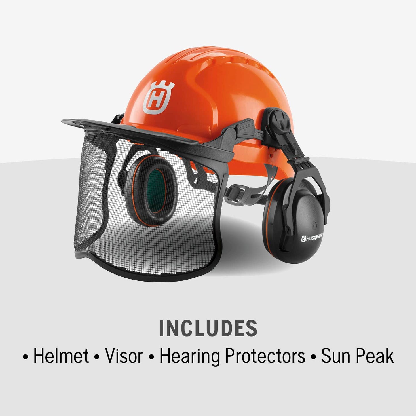 Husqvarna 592752601 Chainsaw Helmet with Metal Mesh Face Shield, Adjustable Ear Muffs for Hearing Protection, and Sun Peak, HDPE Forestry Helmet Shell, Orange