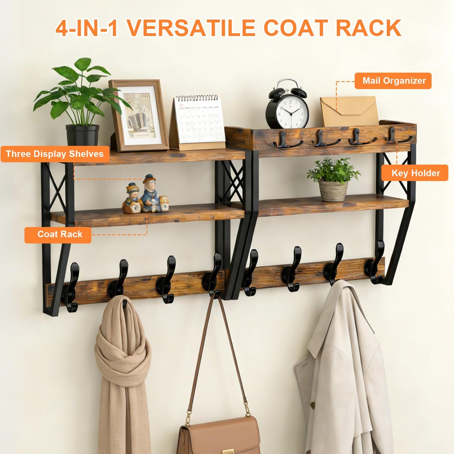 Dhmkfly Upgraded 32-inch Coat Rack Wall Mount with Shelf, 4 in 1 Versatile Coat Hanger Key Holder Wall Mount, 3-Tier Entryway Wall Shelf with 12 Hooks and Mail Holder for Living Room Bedroom Bathroom