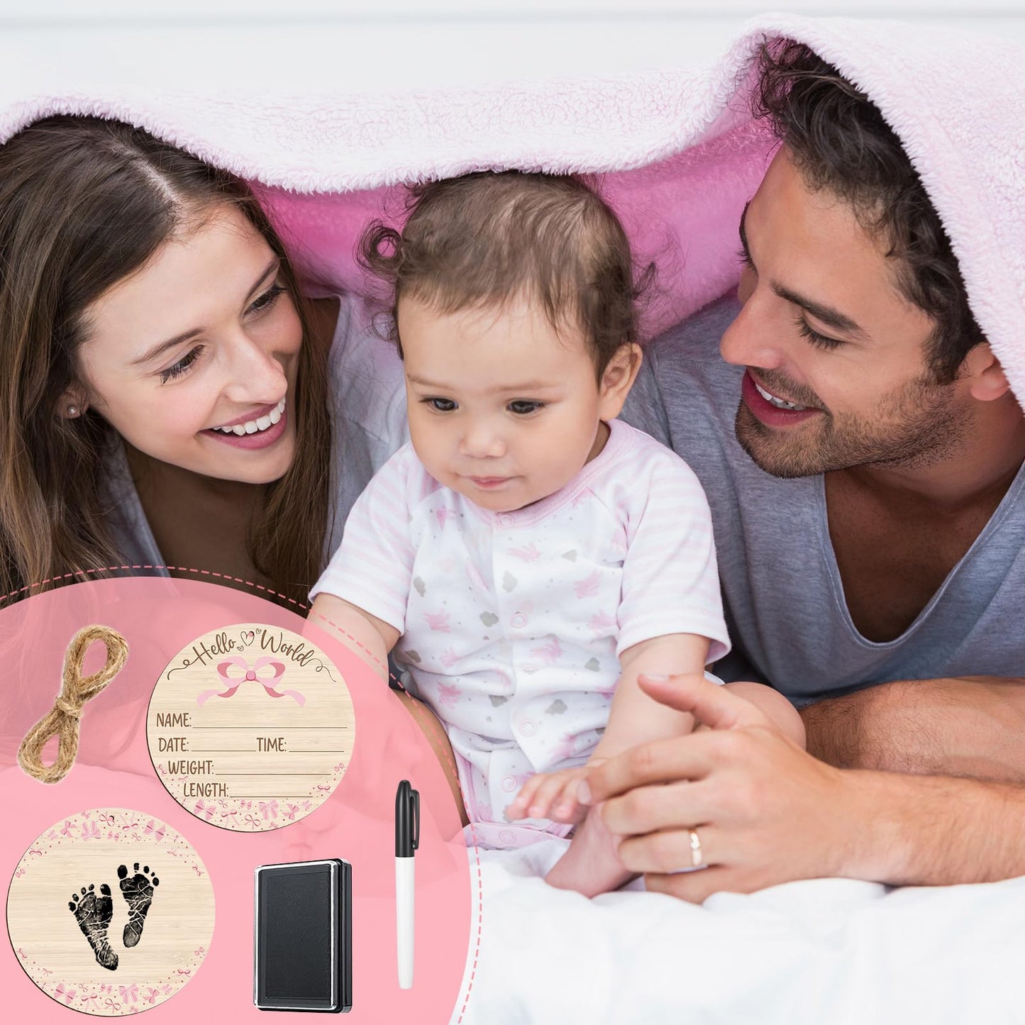 Thyle Baby Announcement Wooden Name Sign for Hospital Birth Double Sided Newborn Welcome Sign with Marker Pen and Ink Pad for Baby Shower Hand Footprints (Pink Bow)