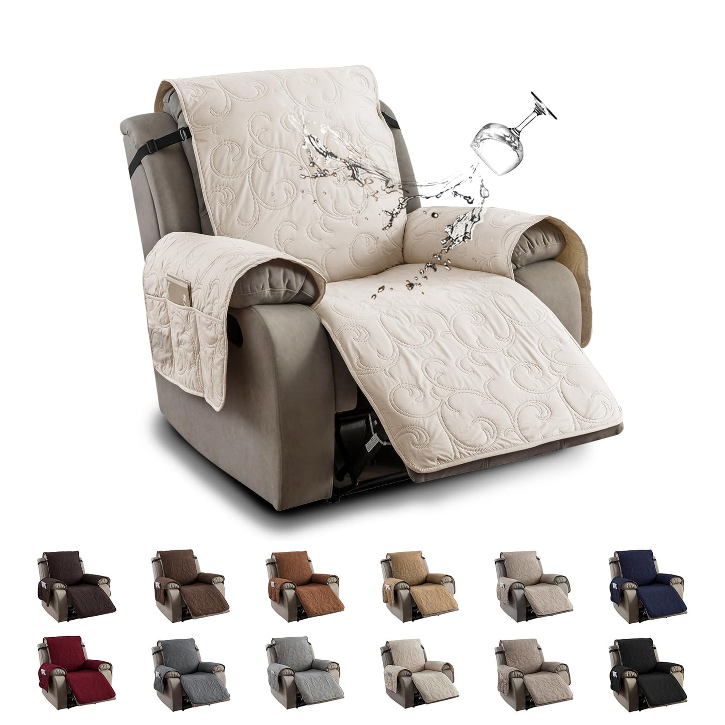 100% Waterproof Recliner Chair Cover, Recliner Chair Covers for Reclining Chair, Non-Slip Fabric Recliner Couch Cover for Living Room, for Pets Kids Protector, Washable (Beige, 23.6"Recliner Chair)