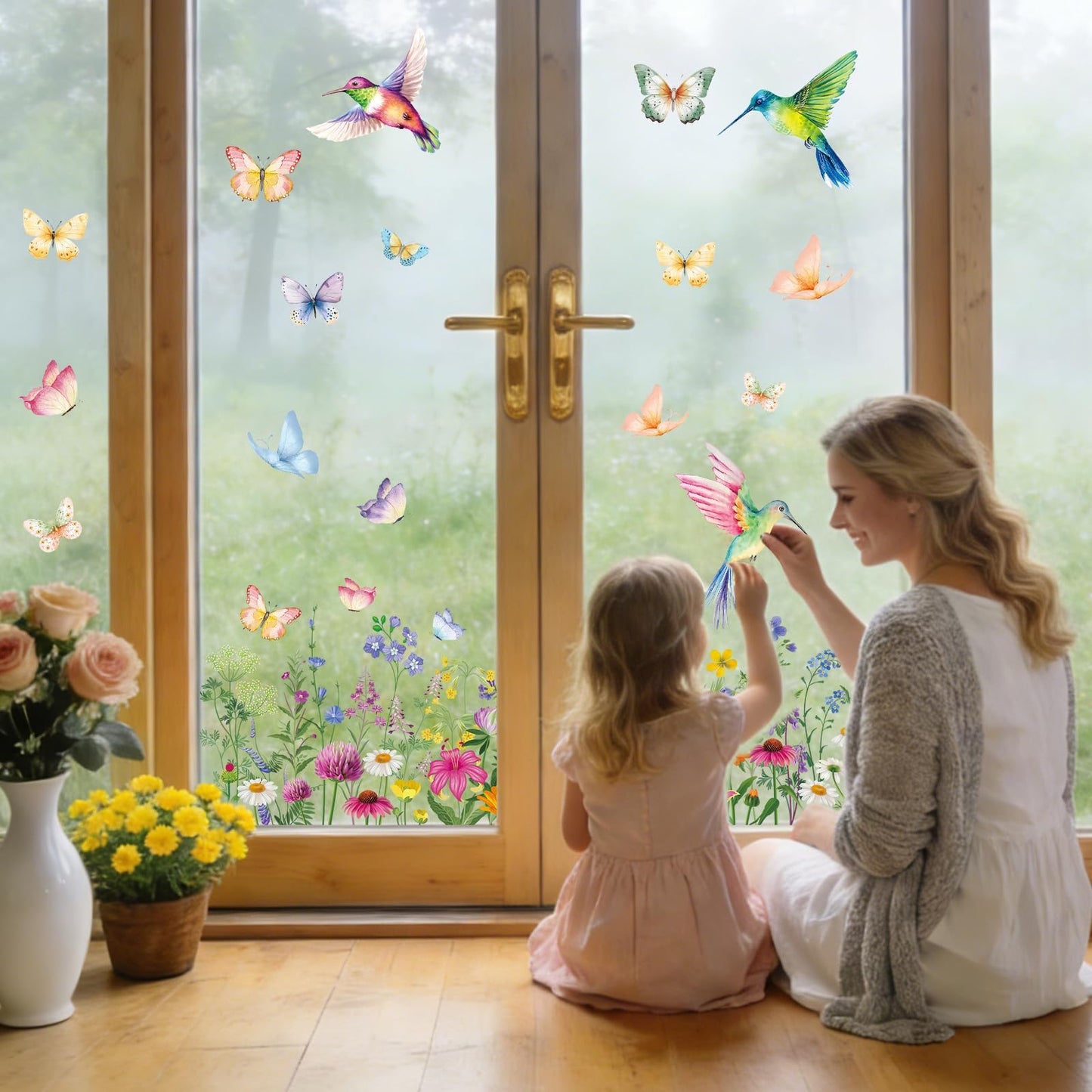 AhfuLife 9 Sheets Spring Window Clings, Larger Spring Flower Floral Butterfly Bird Window Stickers for Glass, Home, Office, School Party Decoration Spring Theme Supplies