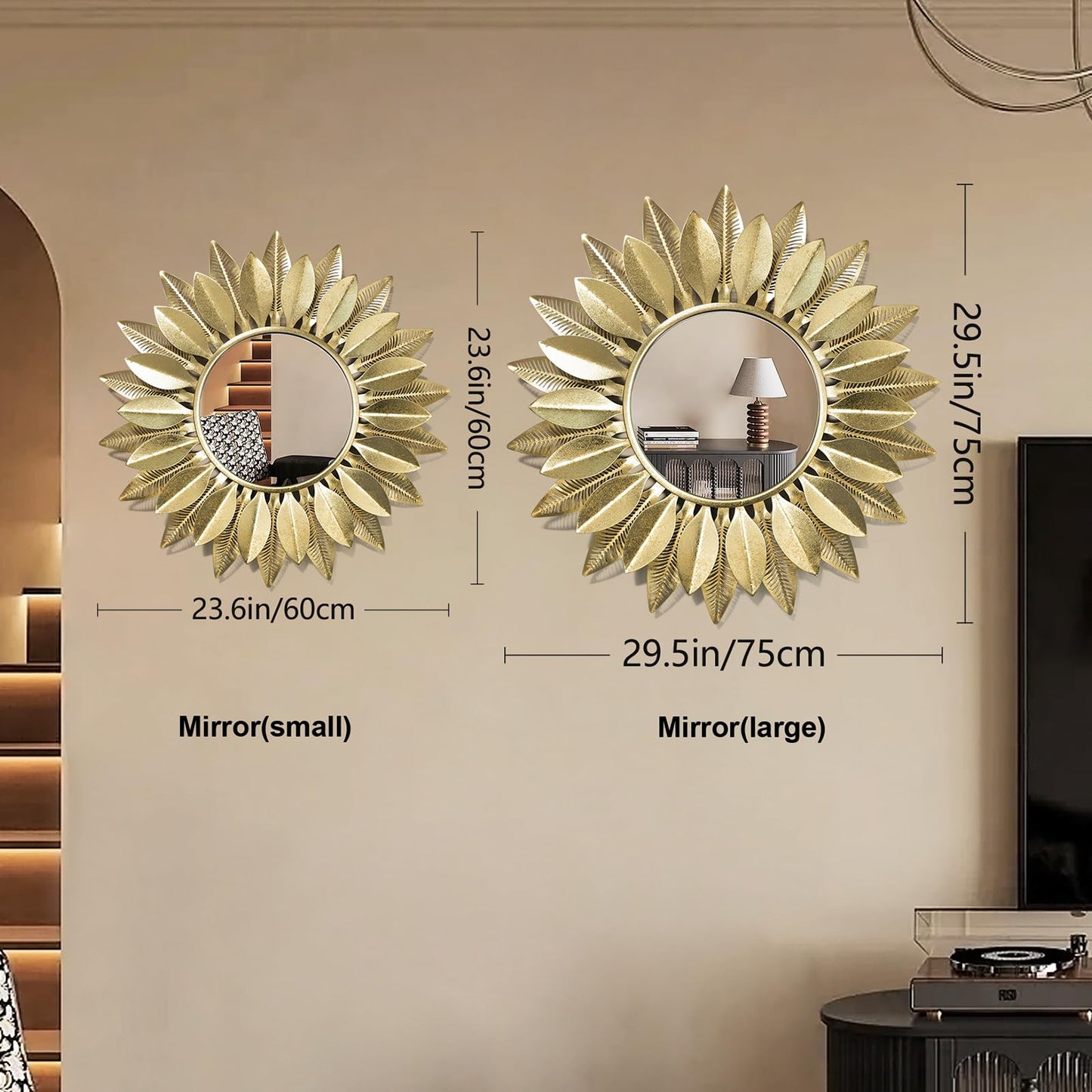 HEBOIX 24" Gold Sunburst Decorative Wall Mirror – Handmade Flower Design, Luxury Round Accent Mirror Boho Wall Decor for Bedroom,Entryway, Dining Room & Kitchen
