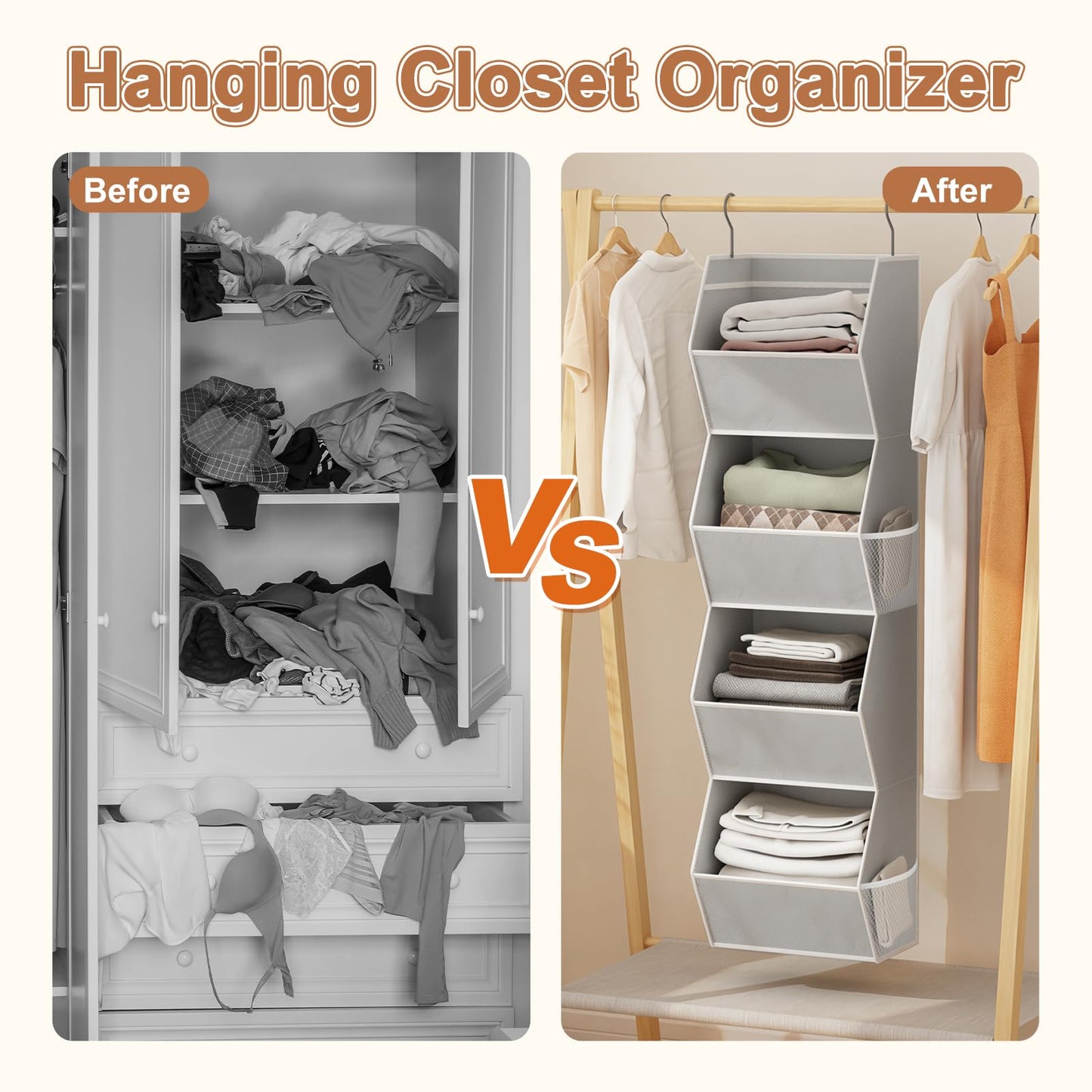 Hanging Closet Organizer 4 Shelf Collapsible Bedroom Closet Organizers and Storage Hanging with Mesh Pockets for Clothes, Fabric Hanging Storage Bins for Wardrobe Closet Organization and Storage, Grey