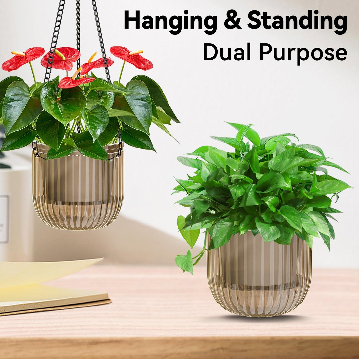 ZeeDix 3 Pack Self Watering Hanging Planters, 6.5 Inch Indoor Plant Pots with 3 Hooks Visible Water Level and Drainage for Home, Wall, Window Decor Outdoor Use(Starry Gray)