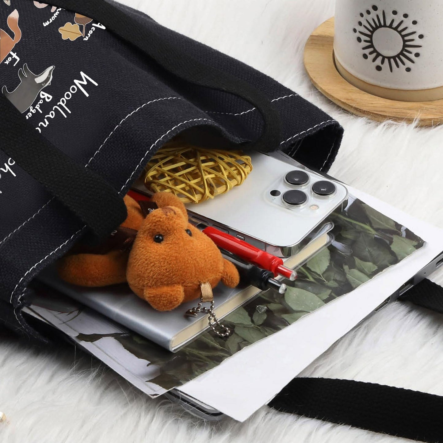 LEVLO Animal Alphabet Canvas Tote Bag - Woodland Themed Gift A-Z Grocery Bag (Black Tote)