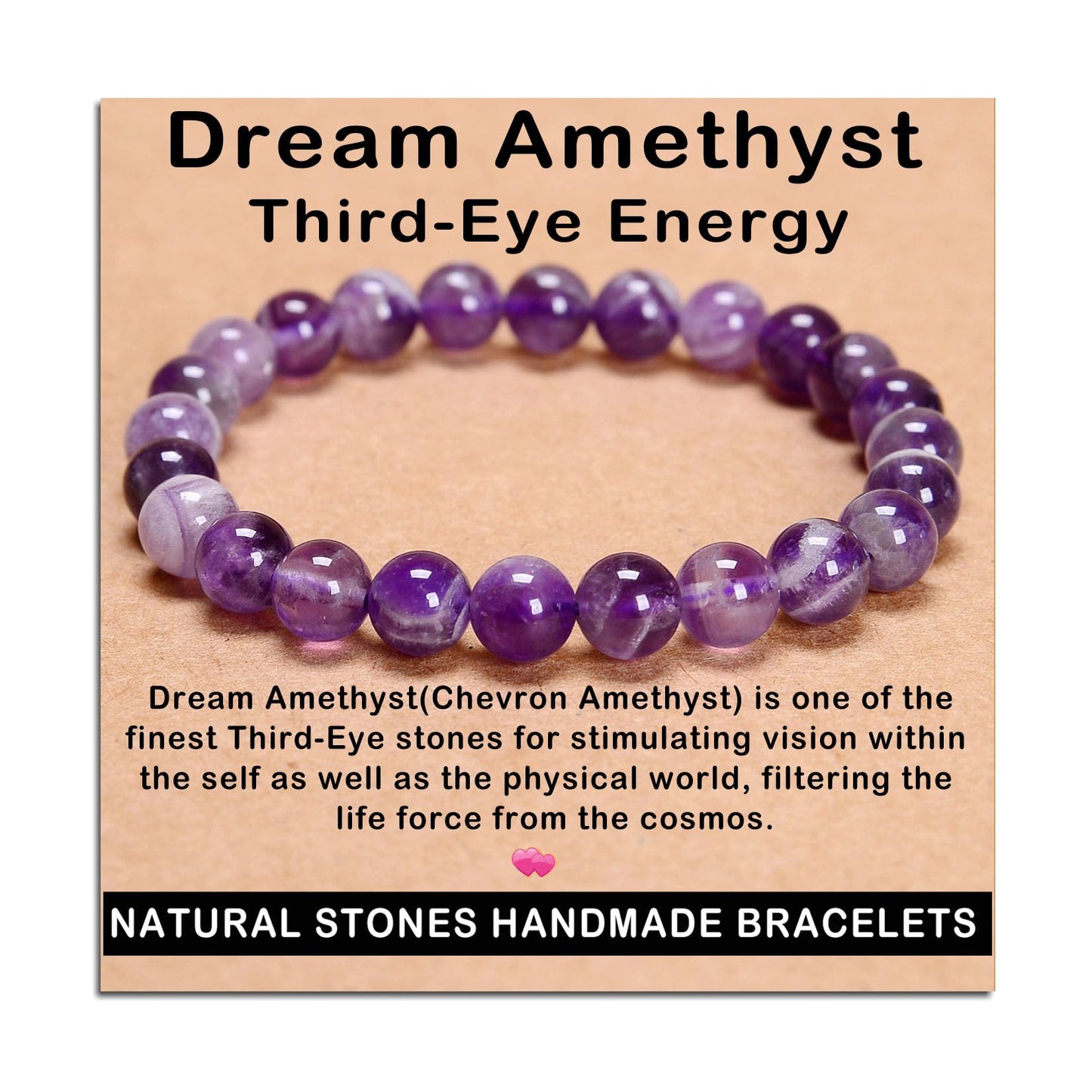 AD Beads Handmade Gemstone Stretch Elastic Bracelet Crystal Healing Reiki Nature's Beauty and Spiritual Essence Unisex (8mm, Dream Amethyst (Third-Eye Energy))