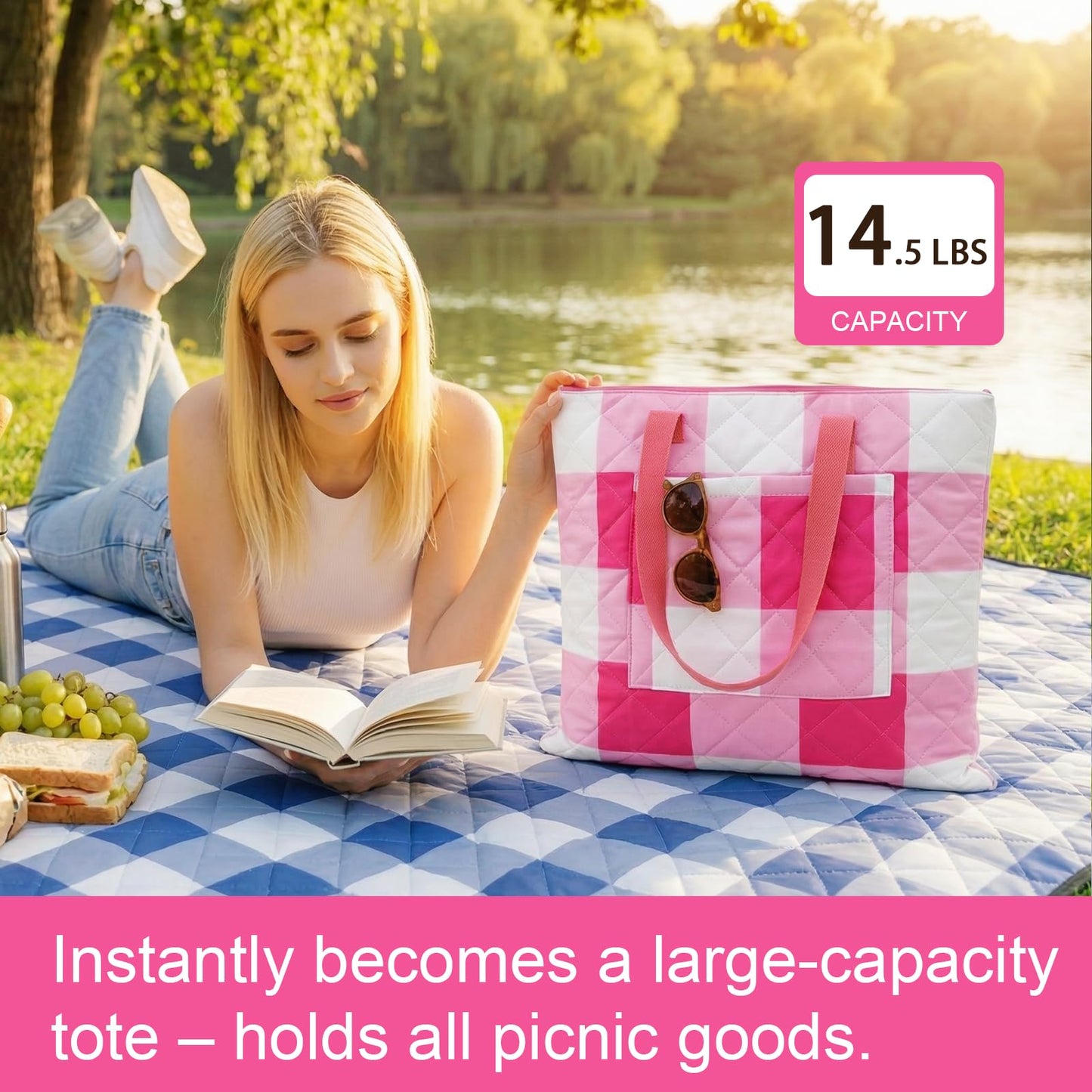 JACTUM 2 in 1 Tote Picnic Blanket Waterproof Outdoor Camping Mat，Large Capacity Beach Blanket 80''x80'' 7 Layers Easy to Foldable and Carry.
