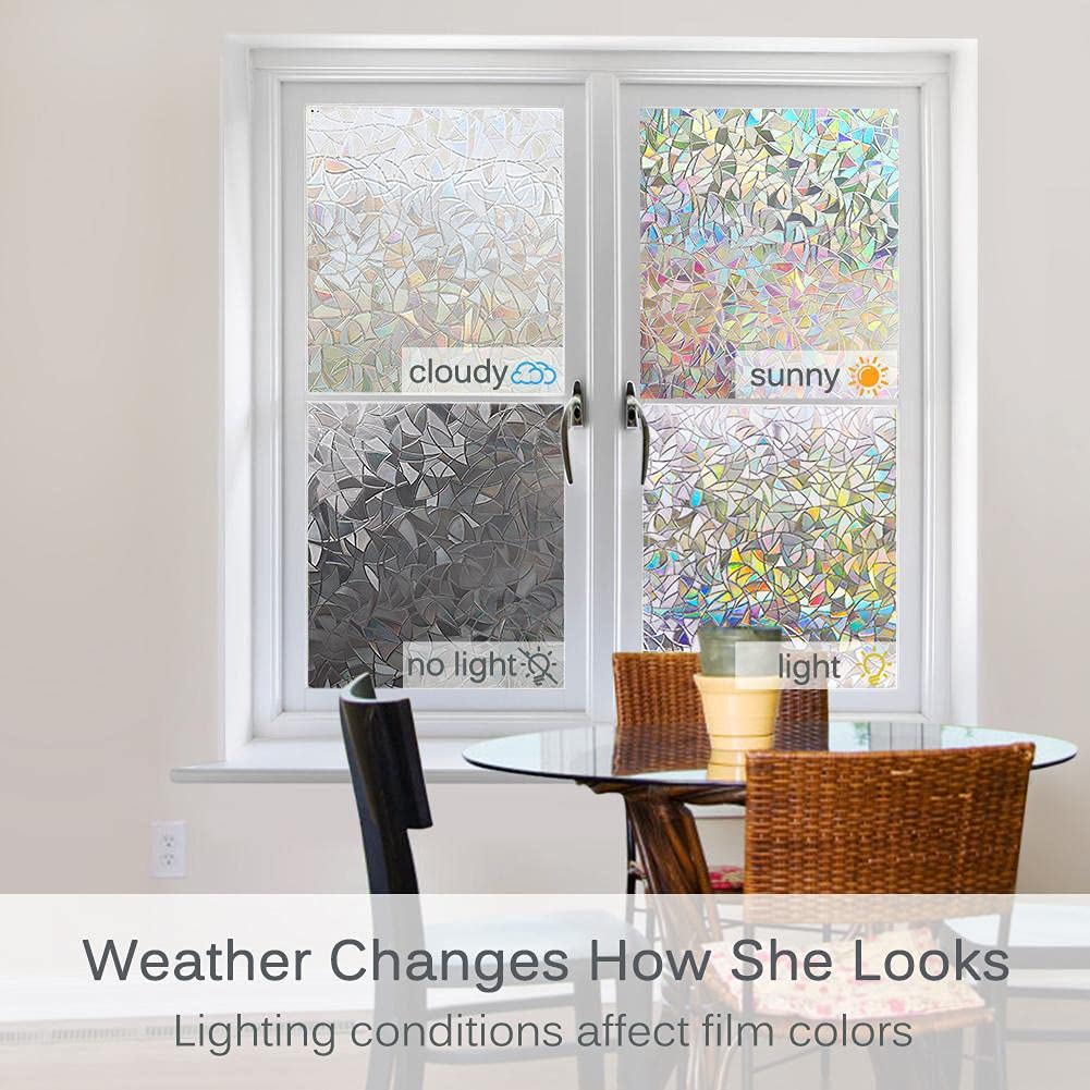 Volcanics Window Privacy Film with Installation Tools, Static Window Clings Vinyl 3D Decals Stickers Rainbow Window Film for Glass Door Heat Control Anti UV 17.5 x 78.7 Inches