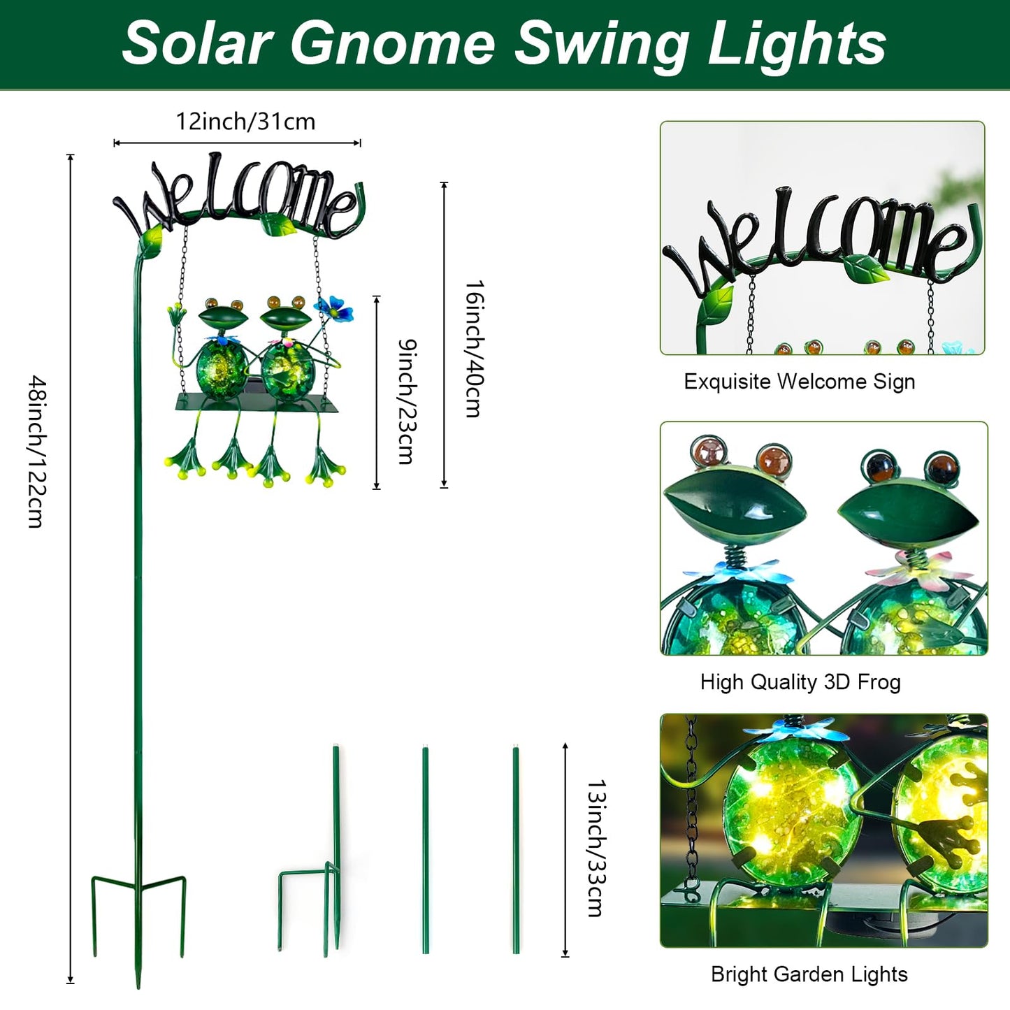 HONGLAND Solar Lights Outdoor Waterproof, Frog Swing Garden Decor, Frog Decorative Stake with Welcome Sign Landscape Patio Yard Gifts for Women Mom (48 inch)
