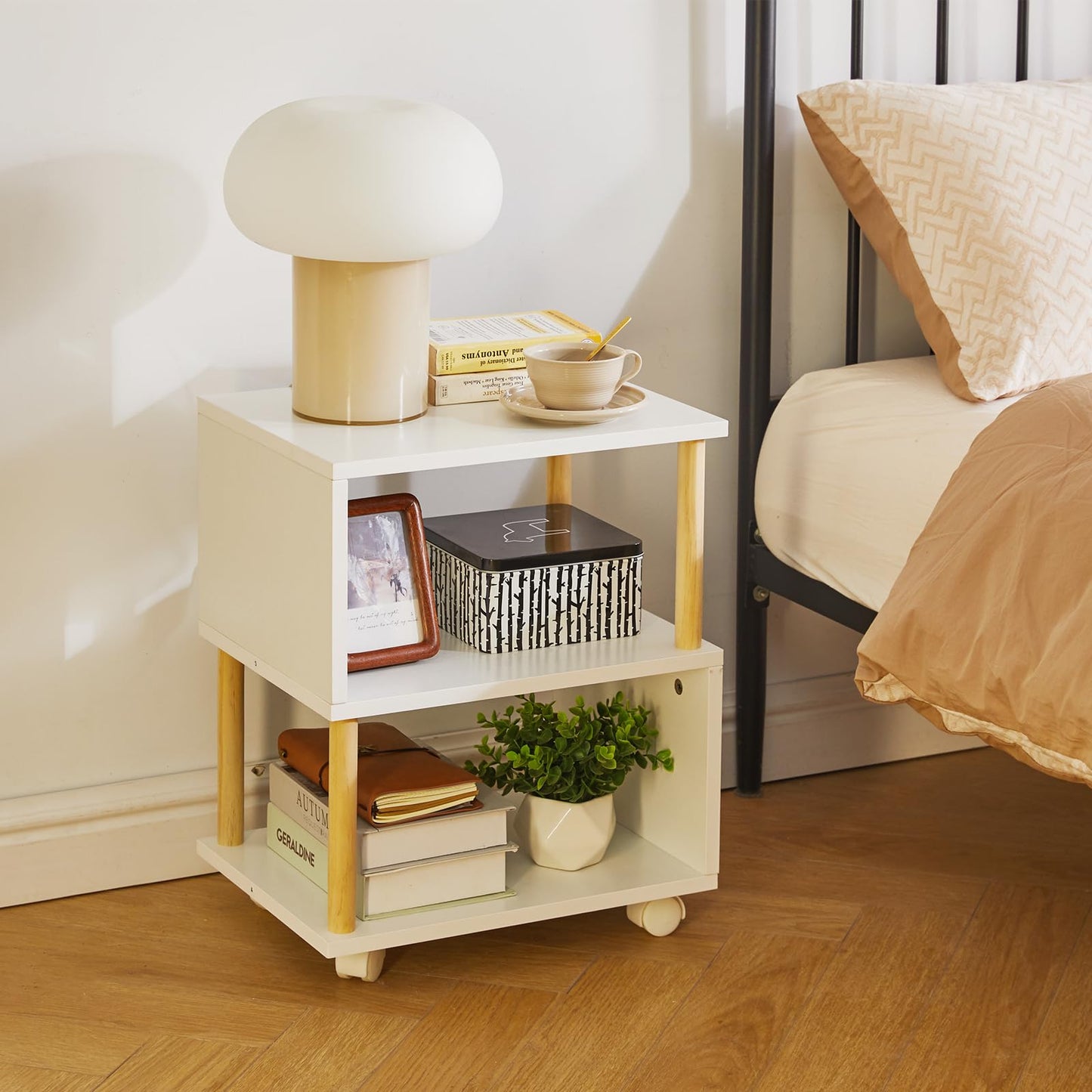 Aibiju Wooden Night Stand with Open Shelf, Nightstand with Wheels, S-Shaped Bed Side Table 3 Tier, 20 inch High End Table White YD-TM155W