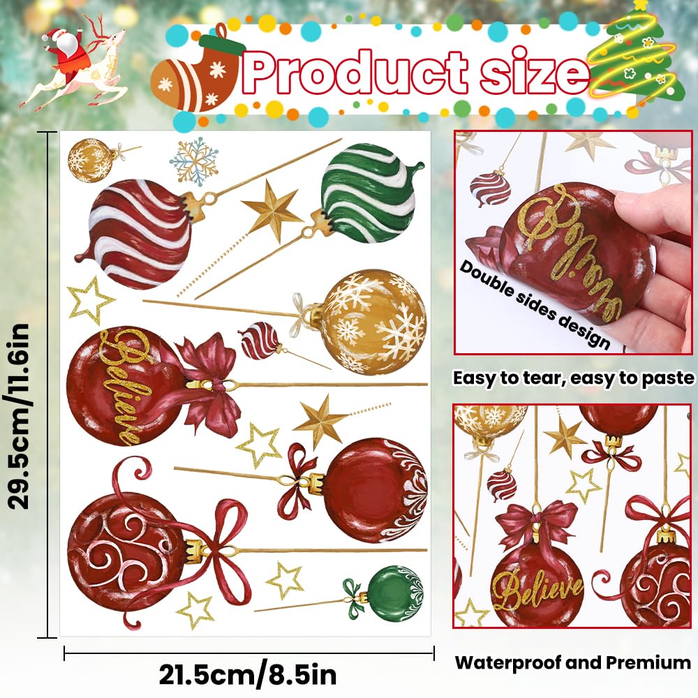 Heirloom Haven 6 Sheets Christmas Window Clings Stickers, Oil Painting Xmas Tree Ball Pine Needle Window's Decals Winter Snowflake Stickers for Home Office Glass Window Decoration