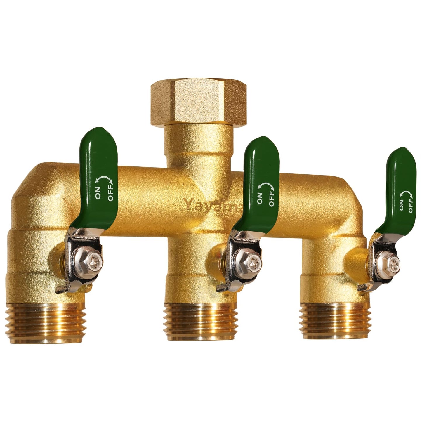Yayamz Heavy-Duty Brass Garden Hose Divider - 3/4-inch GHT Threaded Tee with Shut-Off Valve, Water Flow Divider for High-Pressure and High-Flow Faucet Adapter, Metal Handle with Green Rubber