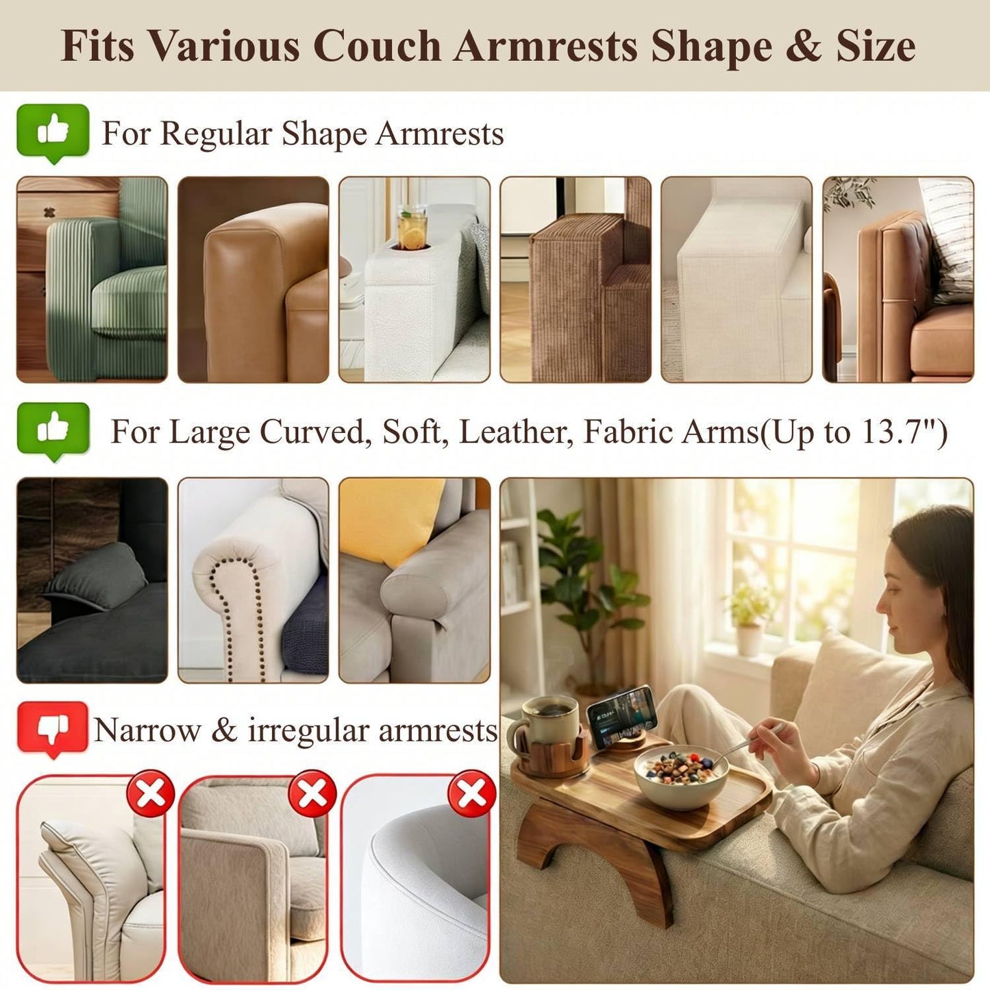 Vellabliss Couch Armrest Table, Acacia Wood Sofa Arm Tray with 360° Rotating Phone & Cup Holder, Clip-On Arm Rest Table for Couch, Anti-Slip Armrest Tray for Snacks & Drinks, 15.4" x 9.8"