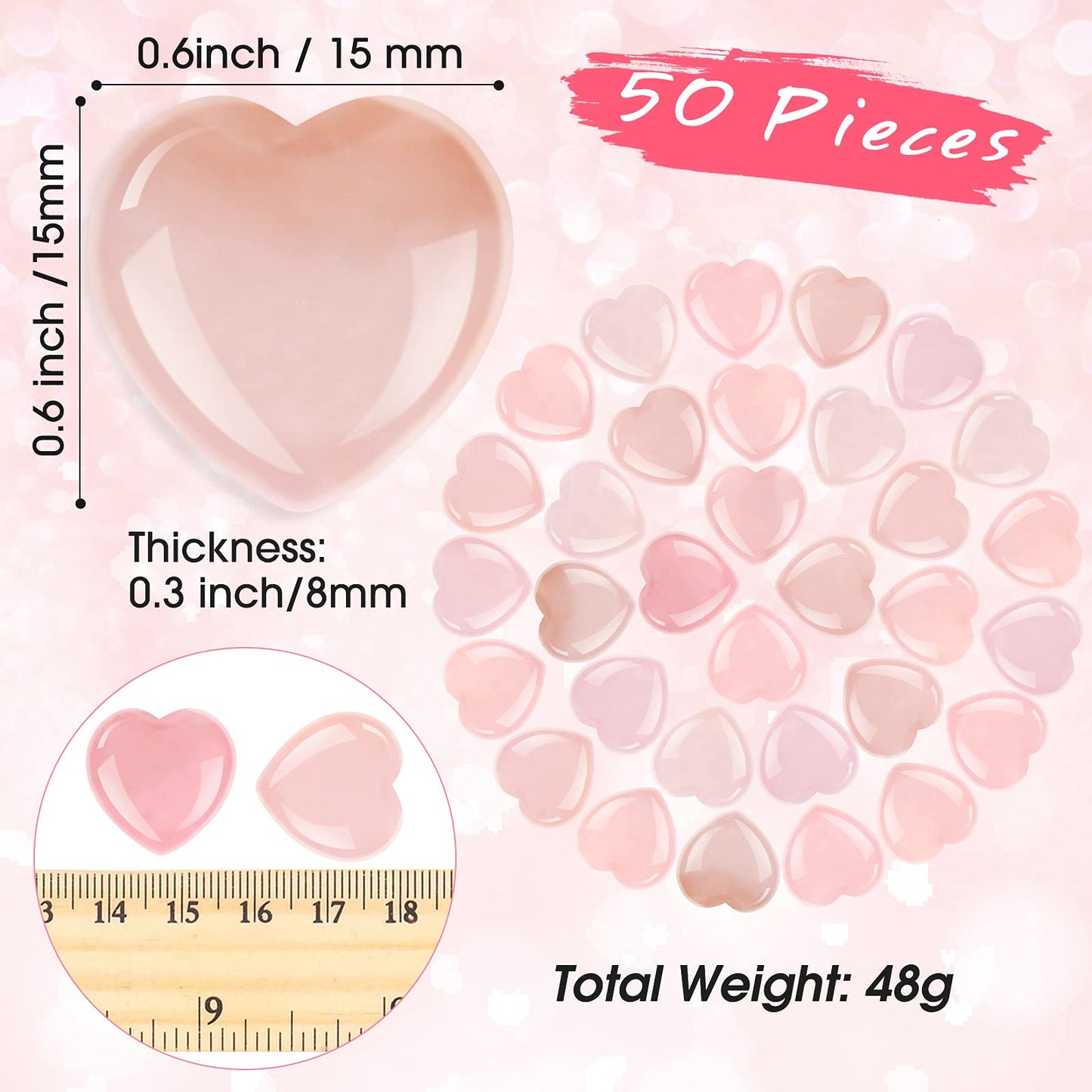 Fumete 50 Valentine's Day Quartz Rose Heart Palm Stone Pieces Natural Healing Crystal 0.6 Inch Heart Shaped Pocket Gemstone Carved Palm Worry Stone