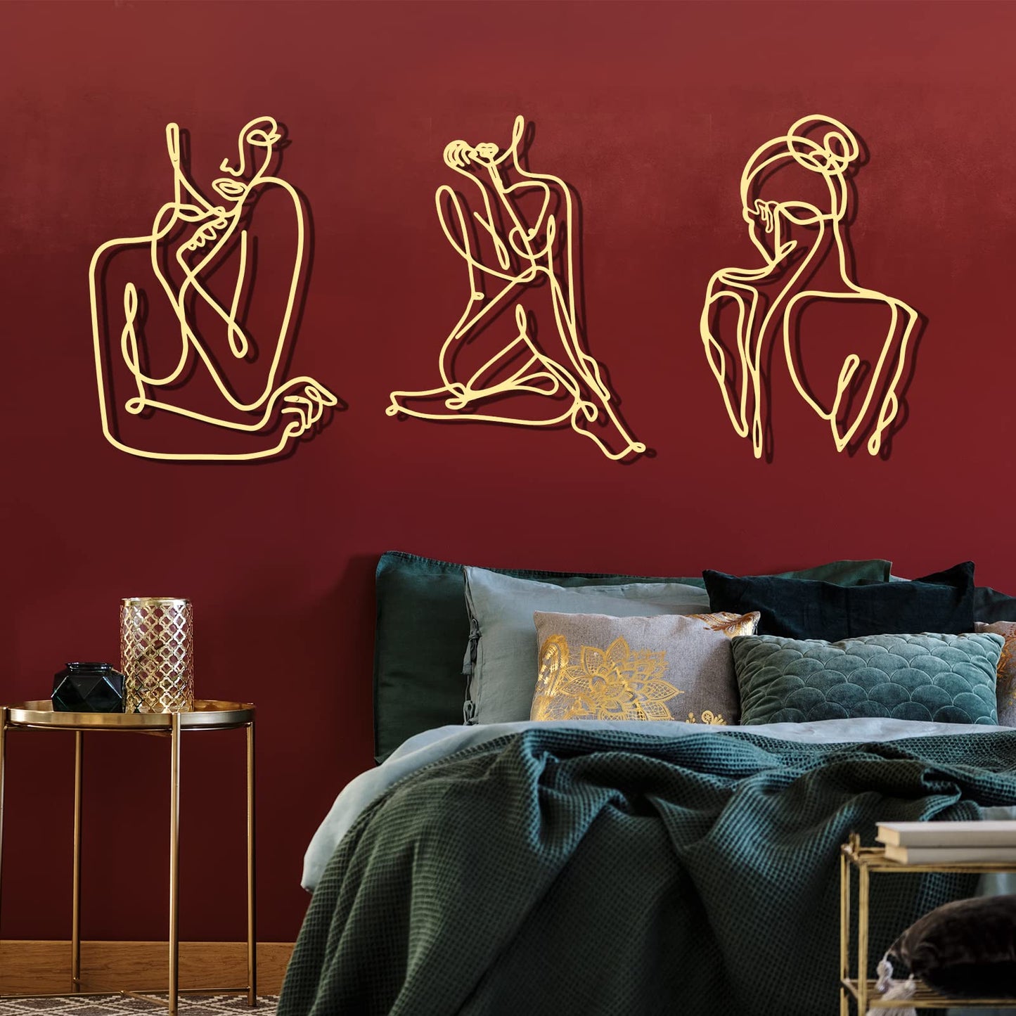 Photect 3 Pcs Metal Wall Art Decor Minimalist Abstract Woman Wall Art Metal Modern Line Drawing Decor Female Single Line Home Hanging for Bedroom Bathroom Living Room Housewarming(Elegant,Gold)